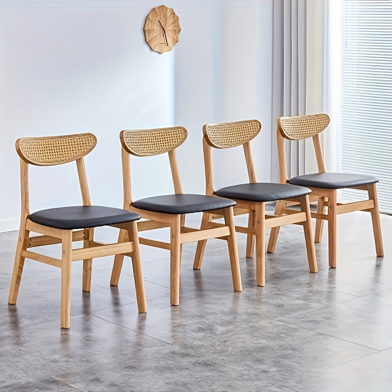 Set of 4 Elegant Oak & Walnut Wooden Dining Chairs with Faux Rattan Backrest, Comfortable PU+Foam Cushioned Seats - Mid-Century Modern Style, Durable & Sturdy for Kitchen, Living Room, Office