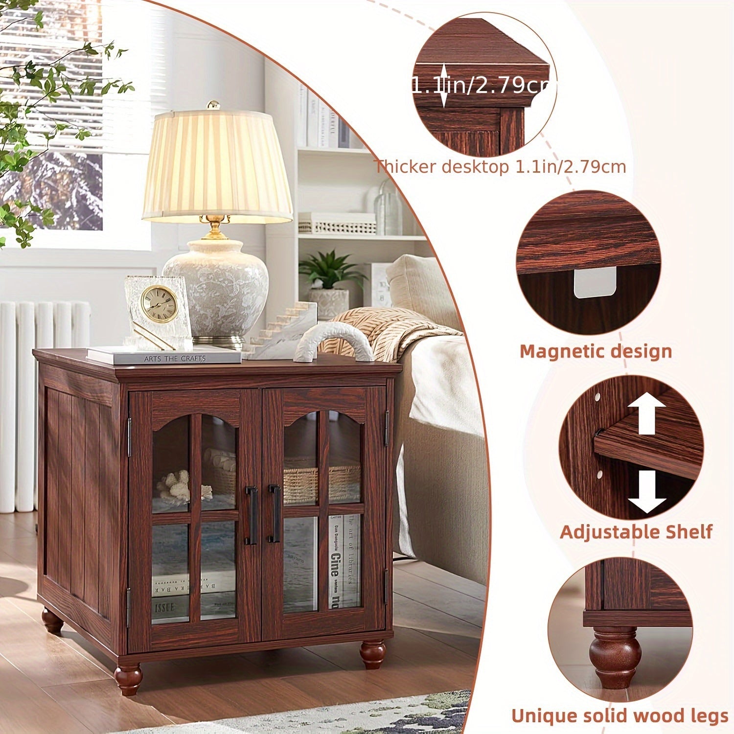 English Style Nightstand with Charging Station, Rustic Wooden End Table, Mixed Color Hardwood & Wood-Based Panel Construction, with Glass Barn Doors and Adjustable Shelf, for Living Room, Bedroom, Office