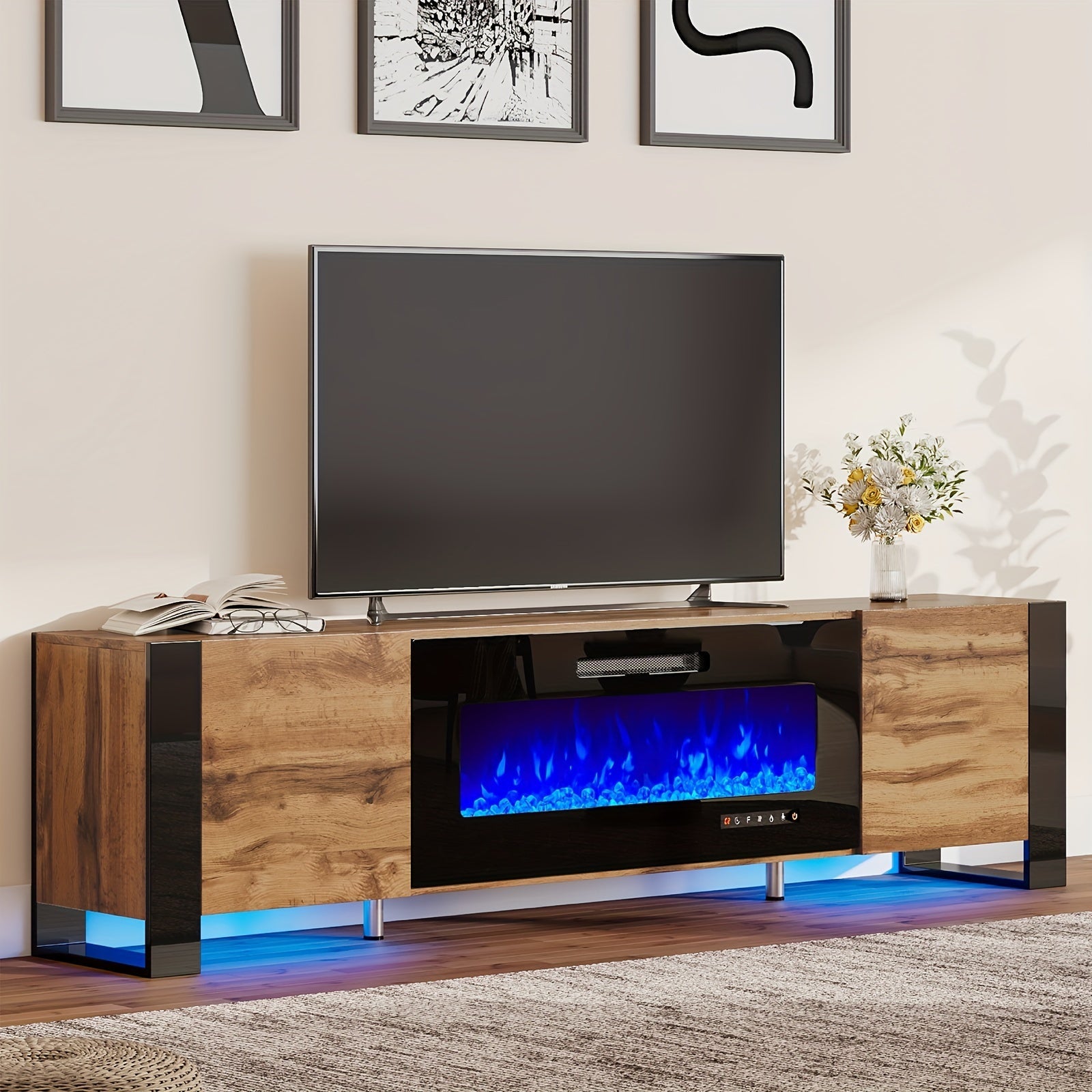 Fireplace TV Stand With Fireplaces, Modern High Gloss Entertainment Center LED Lights, U-Shaped Legs TV Console Cabinet For Living Room