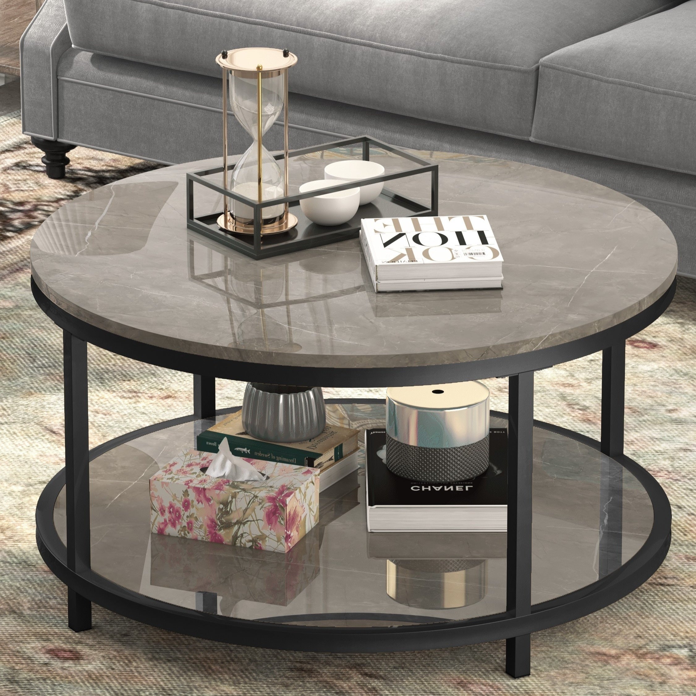 Round Coffee Table 33.5" Coffee Tables for Living Room High Glossy Faux Balck Marble Top Modern Circle Table Sturdy Golden Metal Frame Legs Cocktail Table with Storage Open Shelf