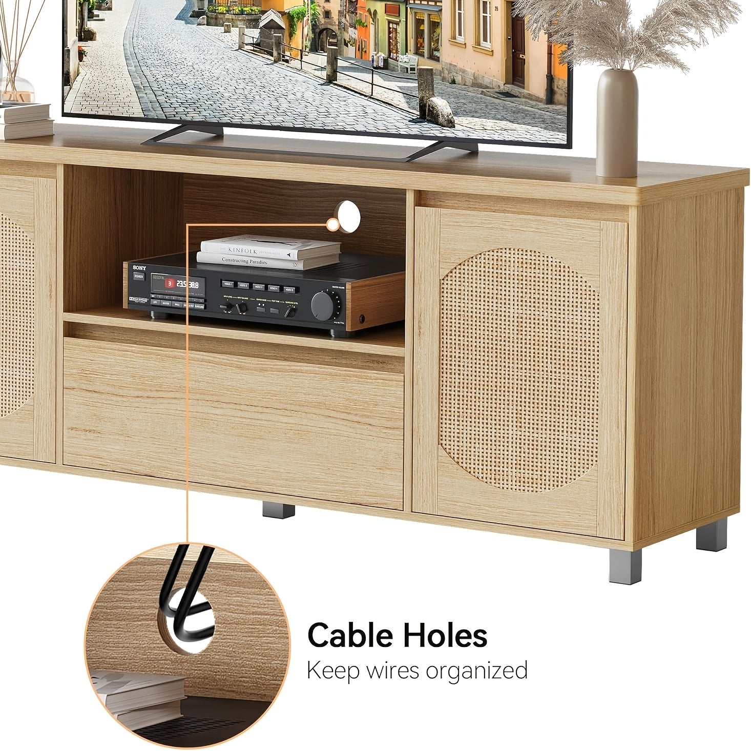 Rattan TV Stand for 65 Inch TV, Boho Entertainment Center with Storage Drawer And Open Shelf, TV Media Console Cabinet Furniture for Living Room, Bedroom, Natural Oak