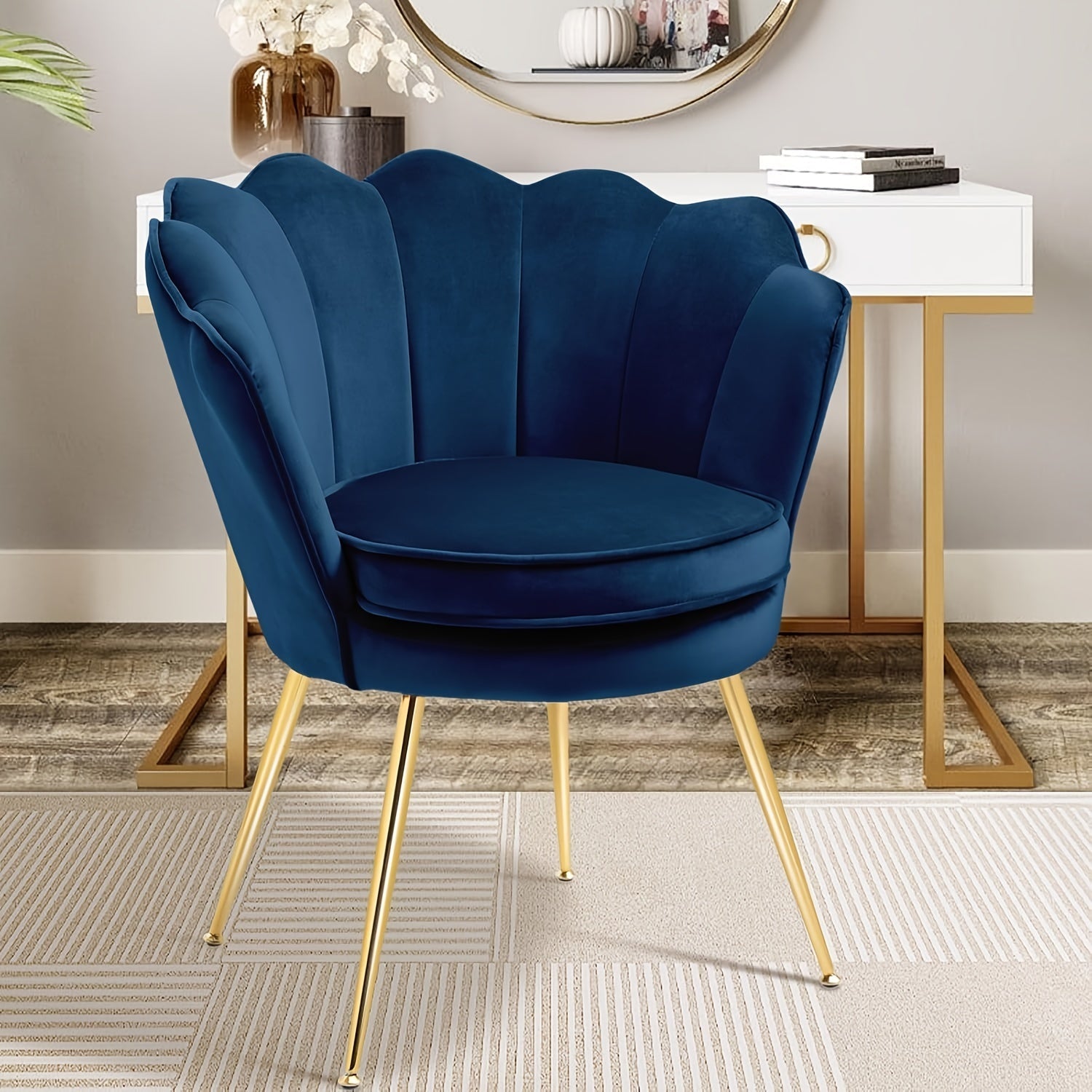 Velvet Accent Chairs For Living Room, Mid Century Modern Arm Chair, Comfy Vanity Chair For Makeup Room, Reception Armchair With Golden Legs For Bedroom, Dark Blue And Pink.Halloween And Christmas Gifts.