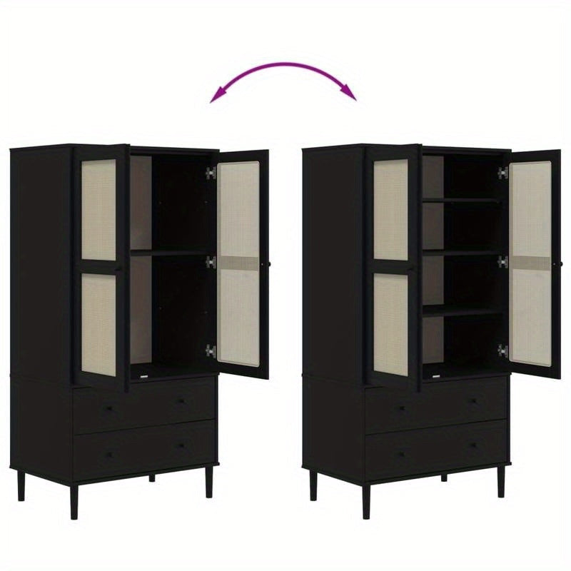 Wardrobe Rattan Look Black 35.4"x21.7"x68.9" Solid Pine