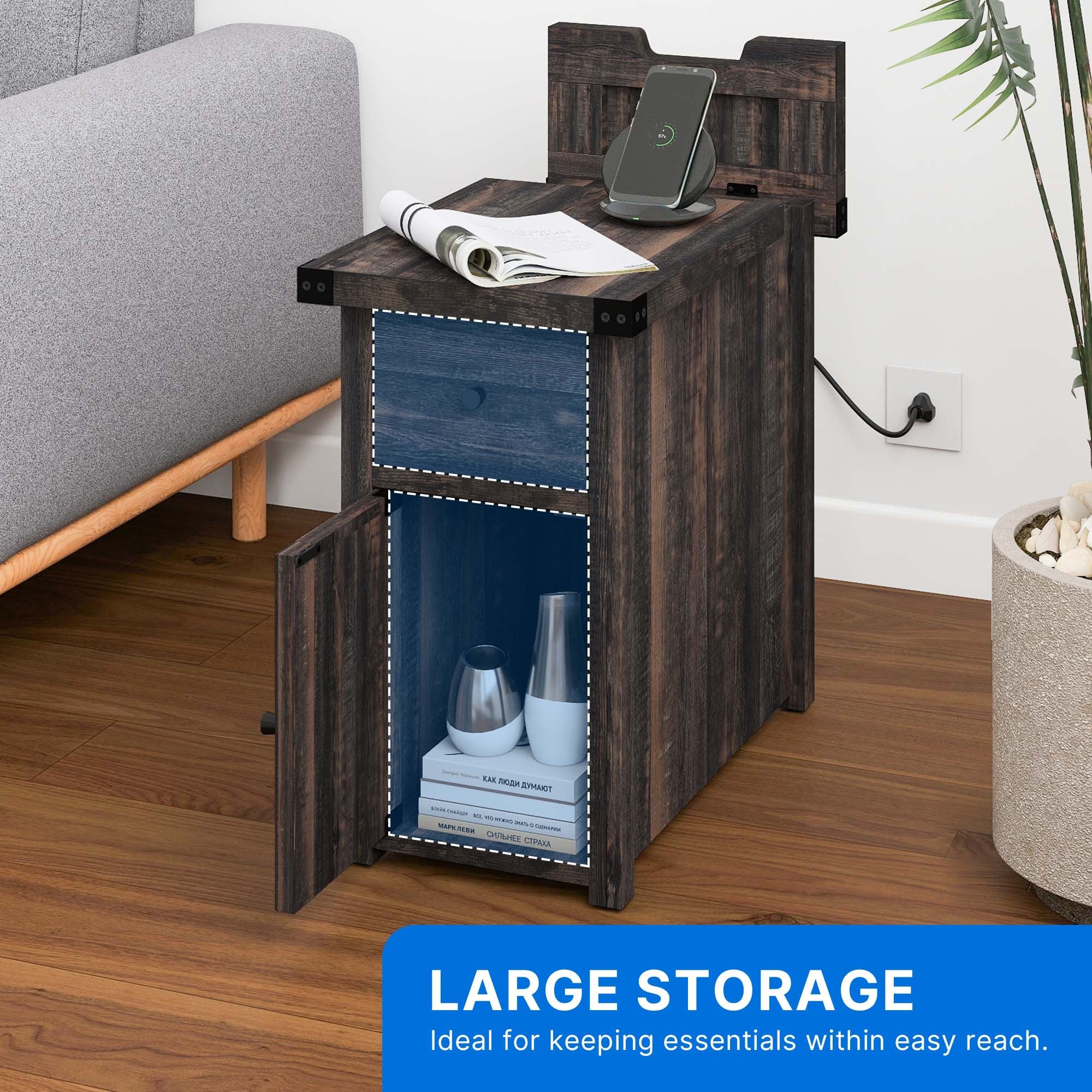 Rustic Farmhouse Dark Oak End Table with Drawer - Charging Station, USB Ports & Flip-Top Design for Bedroom and Living Room Decor