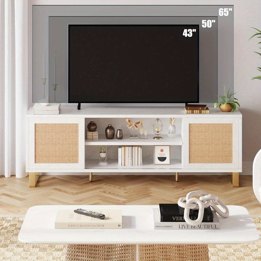 65" TV Cabinet, Rattan Entertainment Center Modern TV Console Table White TV Cabinet with Storage, Doors and Shelves, Easy To Assemble, Low TV Console Media Cabinet Furniture for Living Room Bedroom