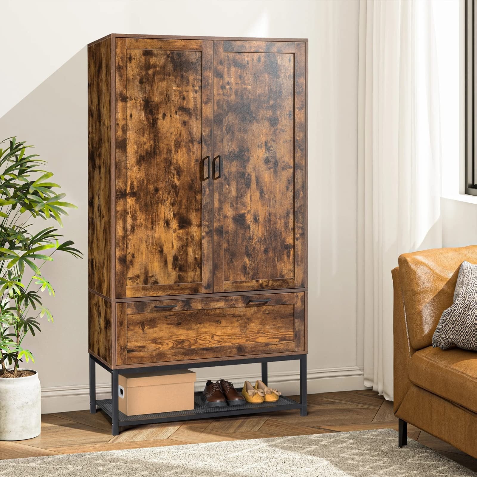 Armoire, Wardrobe Closet with Hanging Rod, Bedroom 71" Freestanding Wardrobe Cabinet with Doors, Adjustable Shelves and Drawer, Open Compartment, Rustic Brown