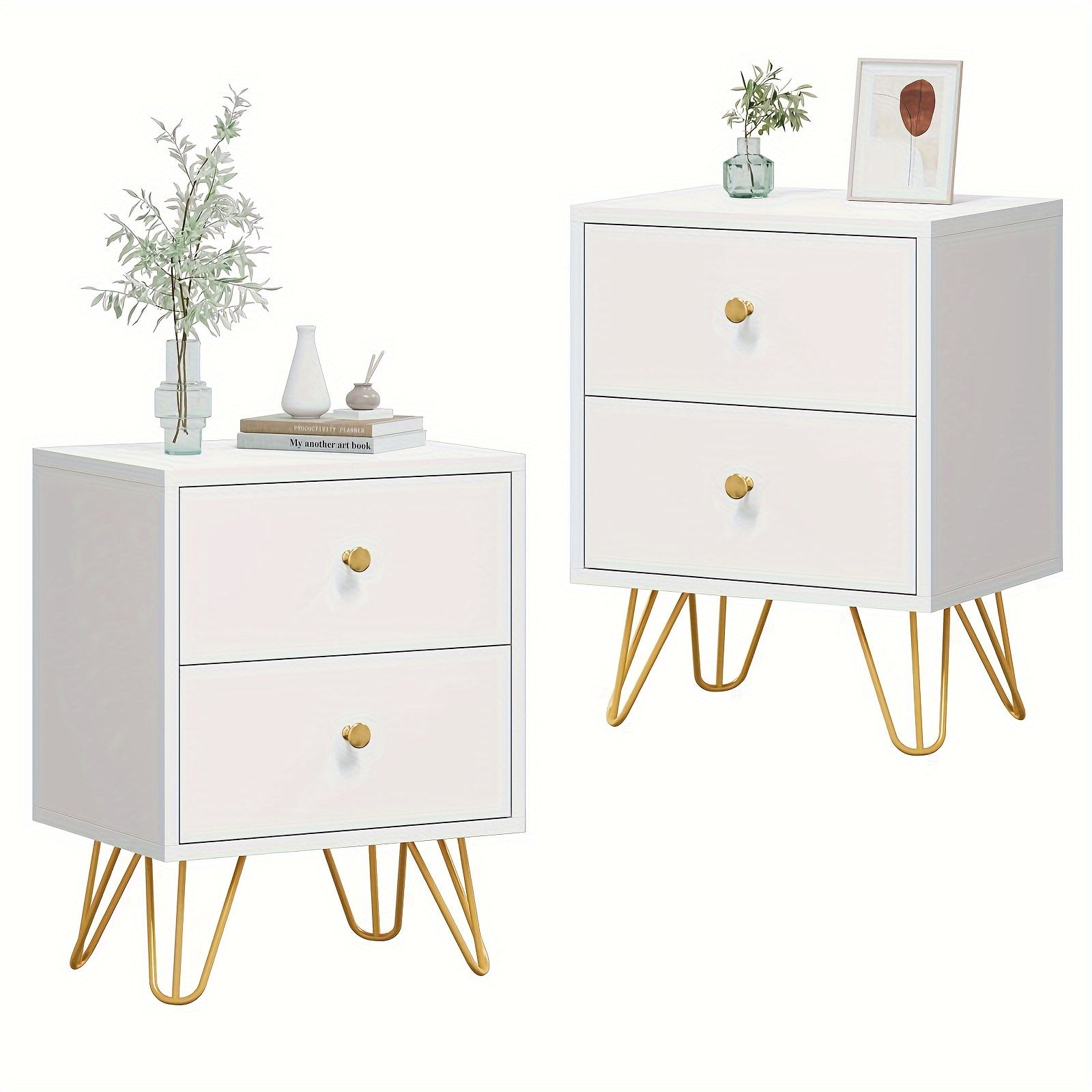 Set of 2 White Nightstands with Golden Metal Legs - Contemporary Double Drawer Bedside Tables, Lockable, 3.2+ Cubic Ft Storage, for Stylish Bedroom & Living Room Decor, Bedroom Decor And Accessories