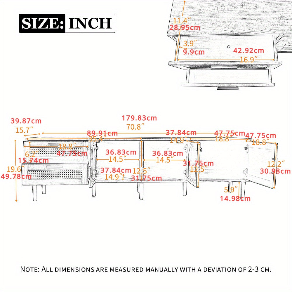 Rattan TV Cabinet with 3 Cabinets and 2 Drawers, Rattan Style Media Console Table, Suitable for TVs up to 80 Inches, TV Cabinet for Living Room, Bedroom, Home Theater