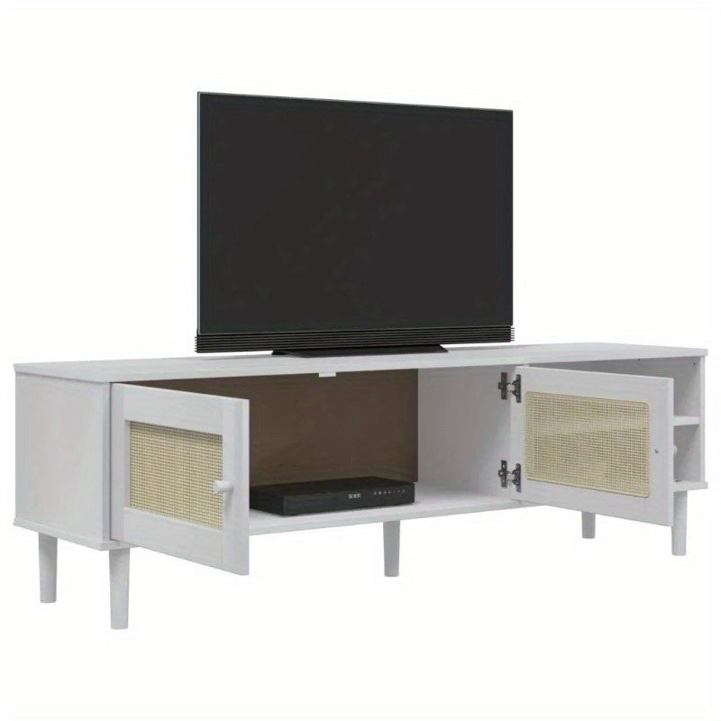 1pc Faxdong Modern White TV Stand with Rattan Look, Solid Wood Pine Construction, 62.2"x15.7"x19.3" for Home Entertainment Center