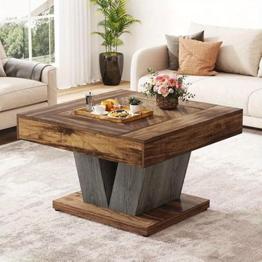 Square Wooden Coffee Table, Modern Accent Center Table with Storage for Living Room, Rustic Brown & Black, 31.5-Inch