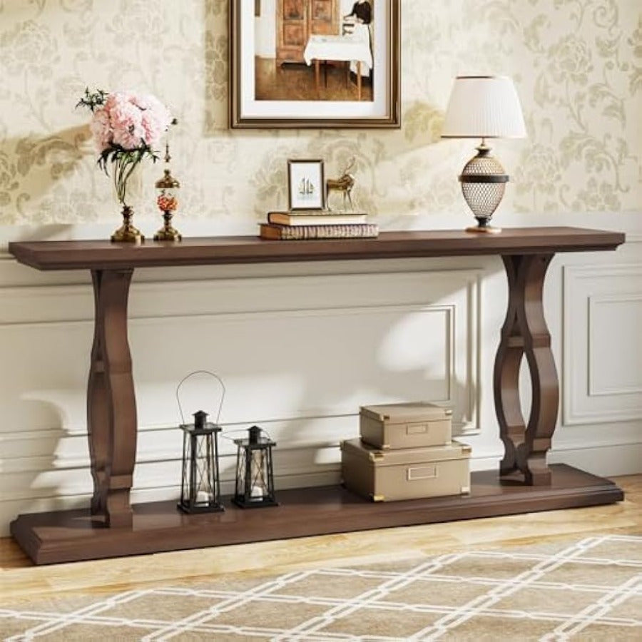 Extra Long Sofa Table Behind Couch, Wood Narrow 2-Tier Entry Console Table with Geometric Shape, Accent Entryway Table Open Storage Shelves, Hallway, Living Room, Deck Boxes, Christmas Clearance, Box,Cabinet,Rack for Outdoor