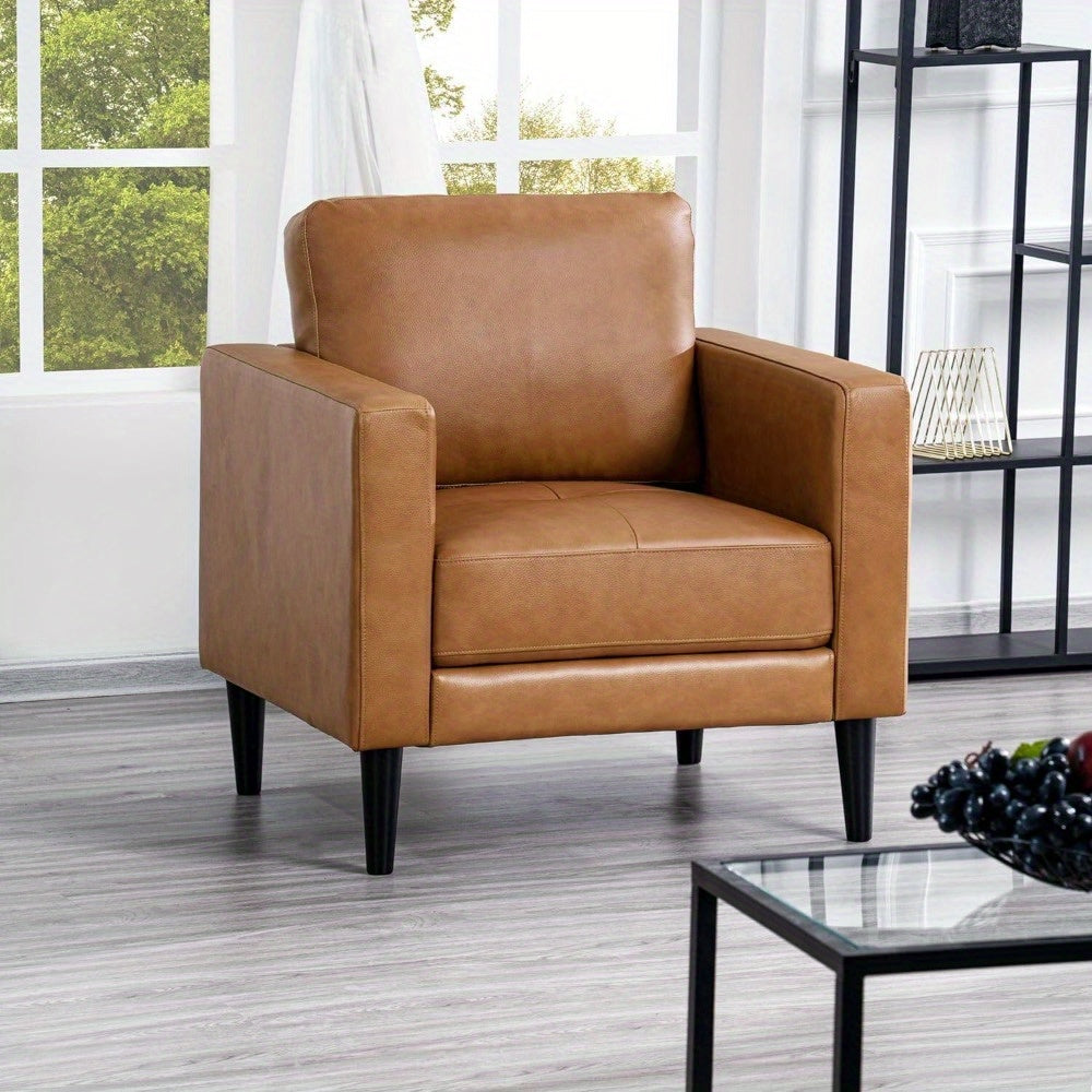 Modern Mid-Century Faux Leather Accent Armchair - Comfy Single Sofa Chair for Living Room, Bedroom Reading Nook, Solid Hardwood Frame