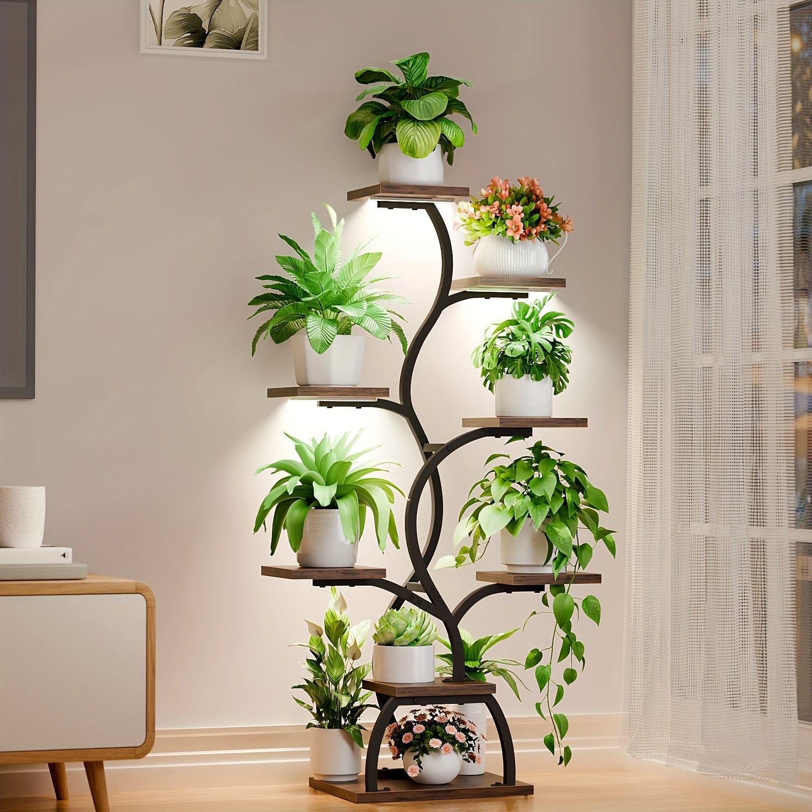 Plant Stand Indoor with Grow Light - 8 Tiered Plant Shelf Indoor, Corner Plant Stand, Metal Corner Shelves, 45" Tall Plant Shelf with Grow Light, Multi Functional Display Stand with Thickened Wooden Boards, Small Plant Stand