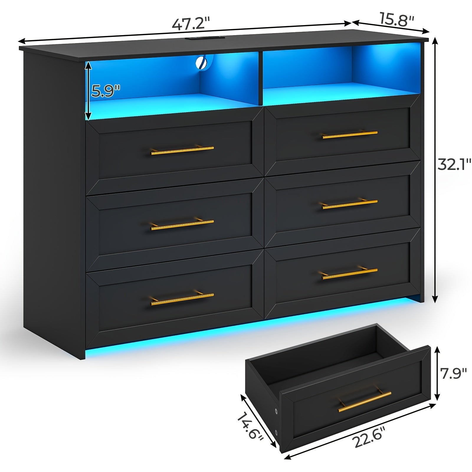 6 Drawer Wide Dresser for Bedroom, Modern Dresser with Led Light (Black)