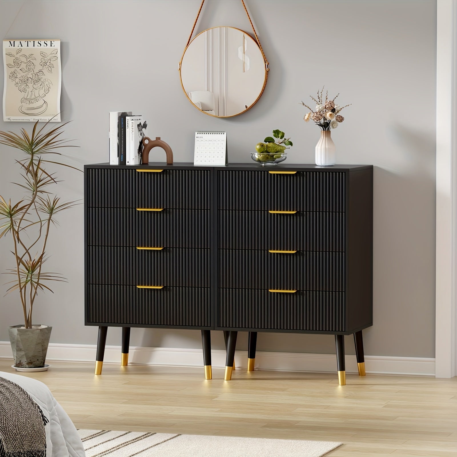 Fluted Drawers Elegant 4-Drawer Fluted Dresser in Dark Black with Golden Metal Handles - Modern Wood Storage Chest on Sturdy Legs, Easy Assembly, Perfect for Bedroom or Hallway Organizer