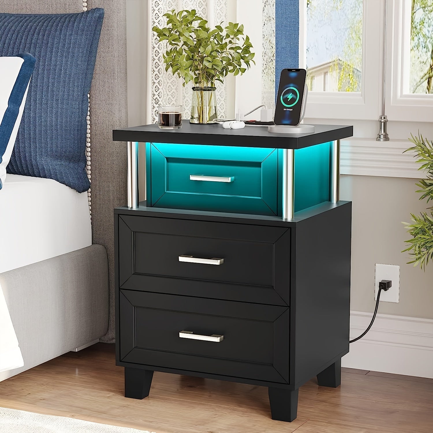 RGB LED Nightstand With 3 Drawers Bedside Table End Side Table For Bedroom, Office, Living Room Black