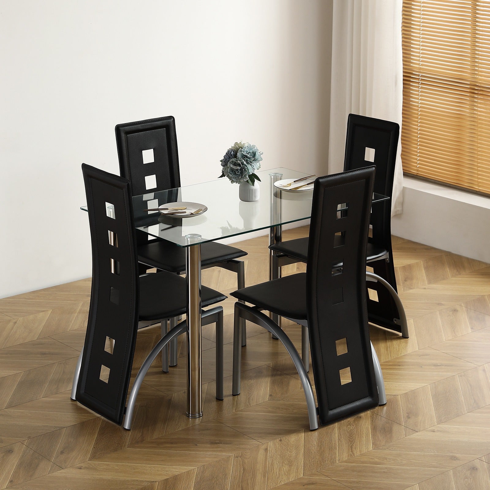 Modern Dining Table Set with 1 Glass Dining Table and 4 Leather Chairs, 5pcs Dining Table Set for Kitchen & Breakfast Dining Living Room, Space Saving