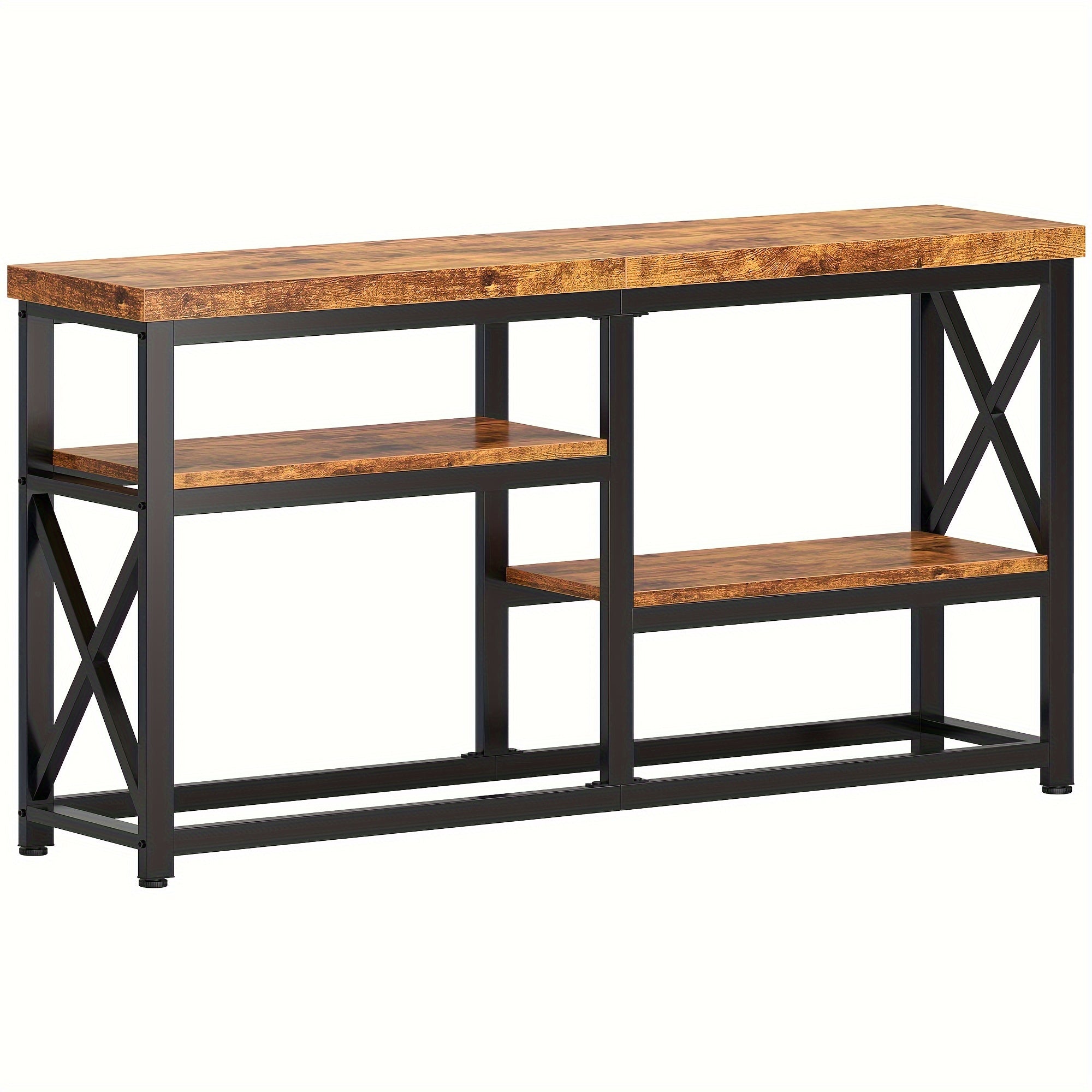 55-Inch Narrow Sofa Console Table, Hallway Table With 3-Tier Wooden Shelves And Industrial Metal Frame, Ideal For Entryway, Hallway, Or Living Room Behind Couch