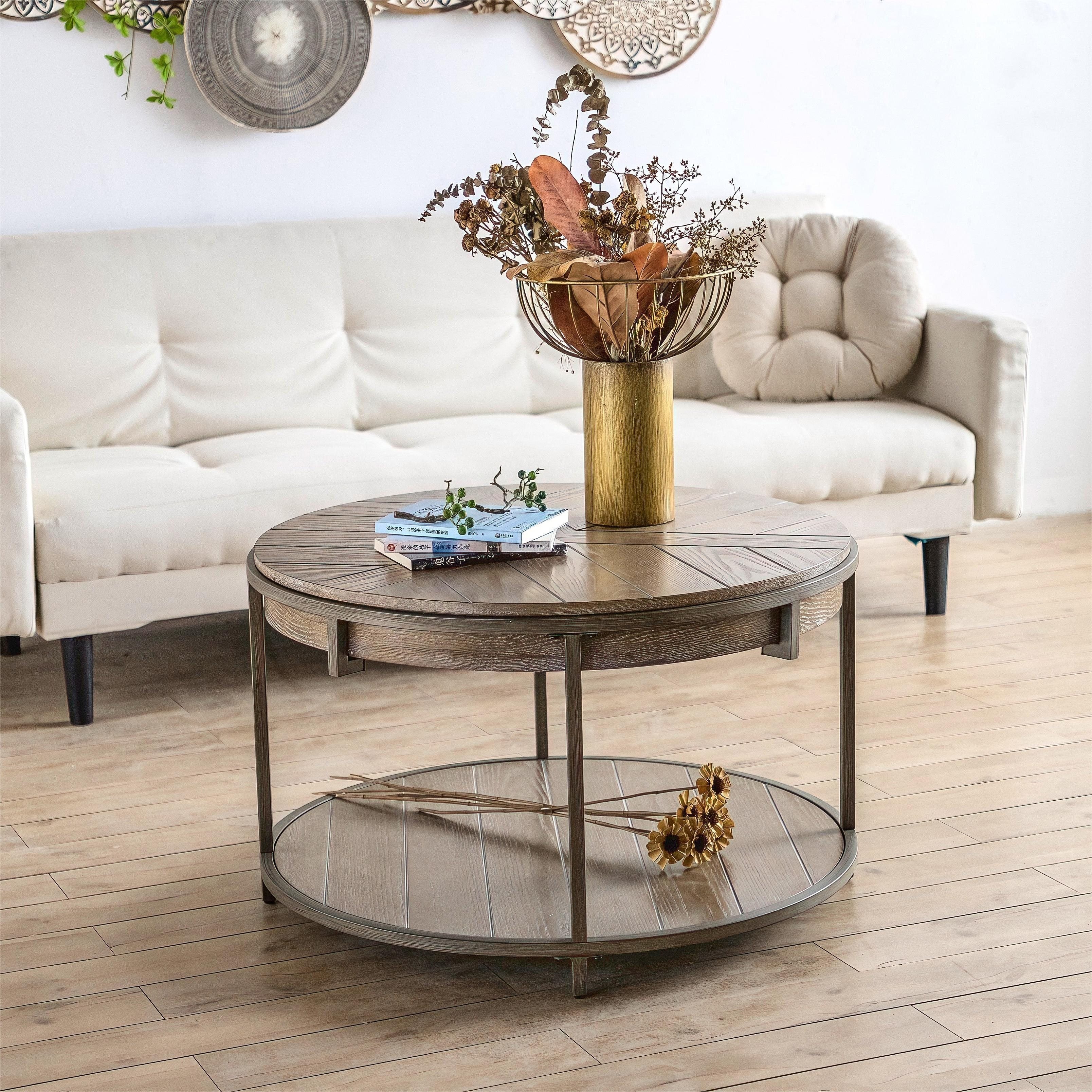 Round Coffee Table for Living Room, 2-Tier Circle Coffee Table with Large Storage, Modern Rustic Circular Coffee Table with Metal Frame