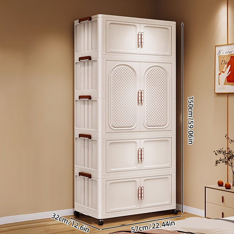 Multifunctional Wardrobe Organizer, Easy to Assemble, Plastic Storage Bins with Lids, Closet Organizers And Storage Cabinets, Foldable Clothes Storage Cabinets, Front Double Doors Or Top Lid Opens, Magnetic Lock Design, Cream