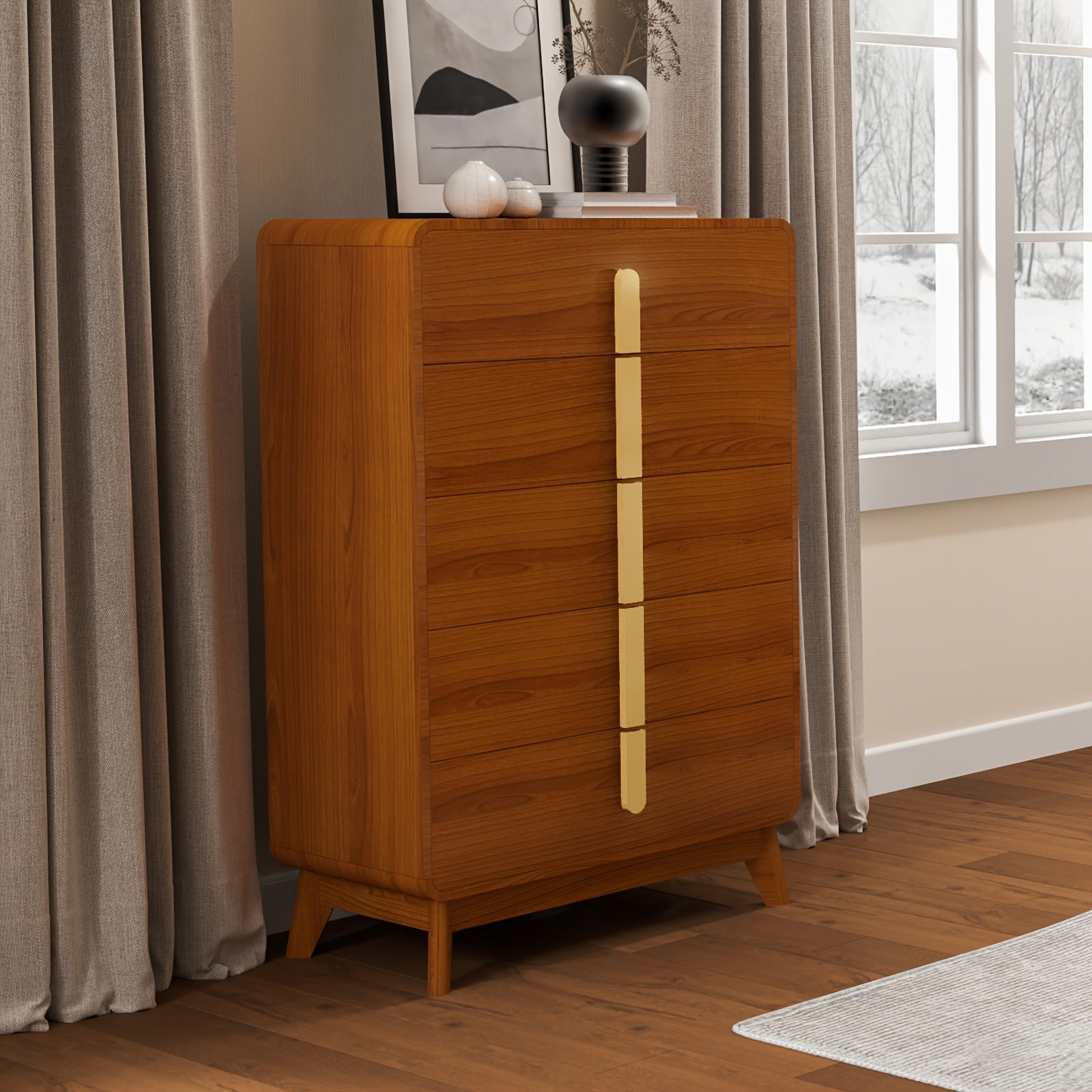 Elegant Cherry 5-Drawer Dresser | Mid-Century Modern Design with Sleek Metal Handles | Spacious Wooden Storage