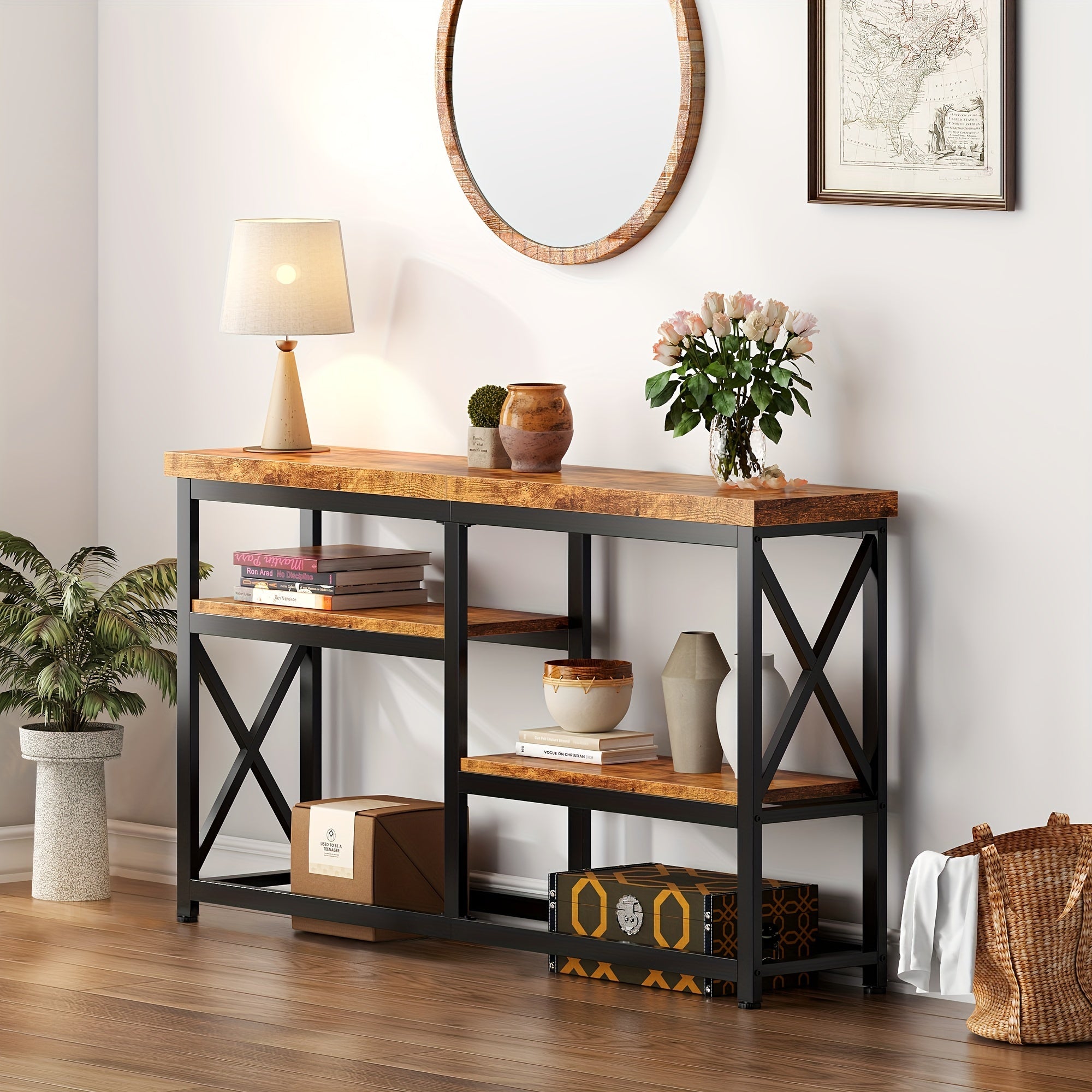 55-Inch Narrow Sofa Console Table, Hallway Table With 3-Tier Wooden Shelves And Industrial Metal Frame, Ideal For Entryway, Hallway, Or Living Room Behind Couch