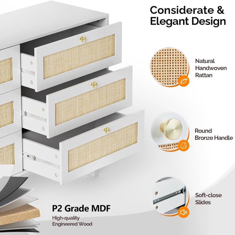6 Drawer Dresser 47.2" W, White Dresser for Bedroom, Rattan Dresser, Boho Dresser, Long Dresser TV Stand, Chest of Drawers, Wood Dresser with Real Rattan