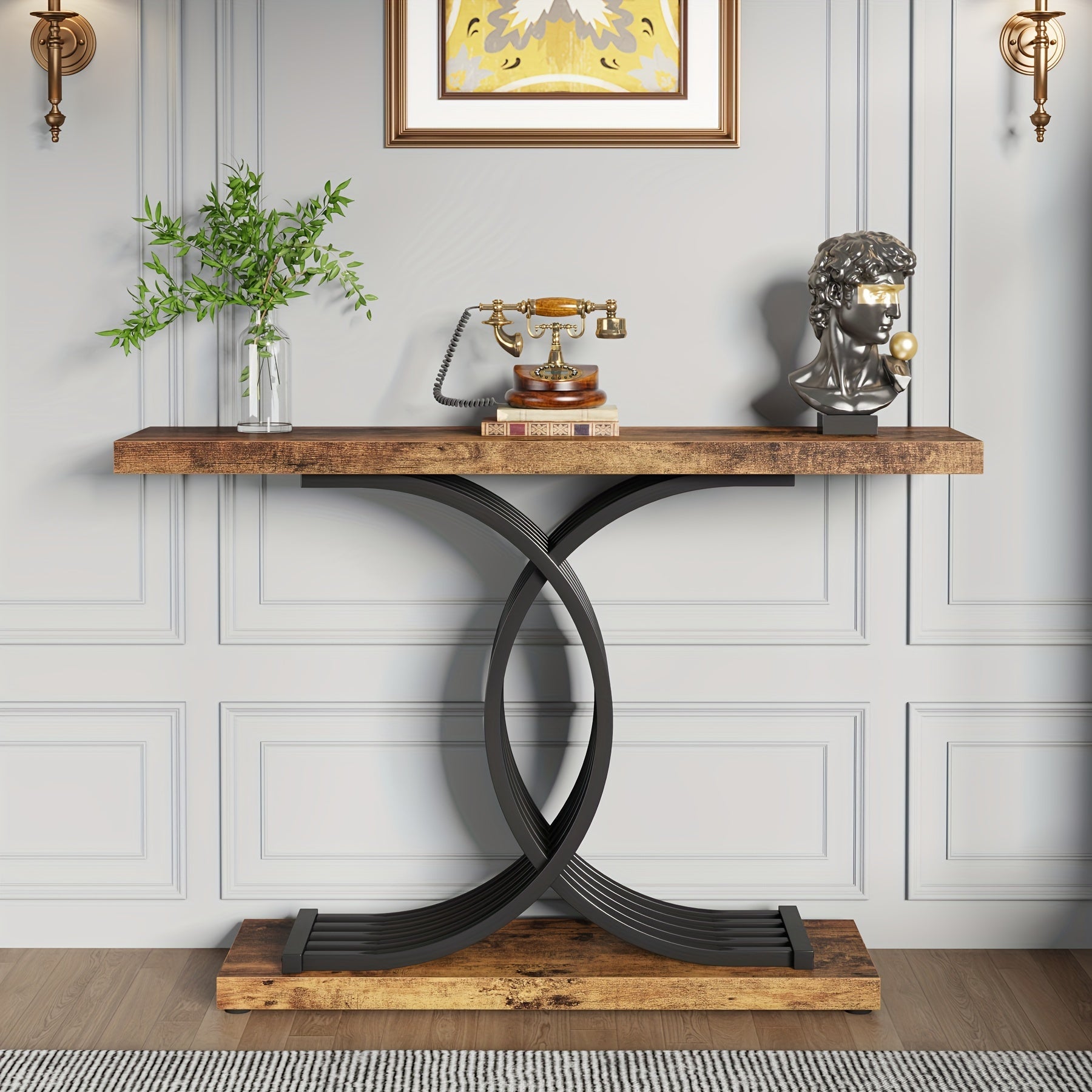 Industrial Entryway Table Vintage Console Table Accent Table with Geometric Metal Legs Narrow Wood Sofa Table Foyer