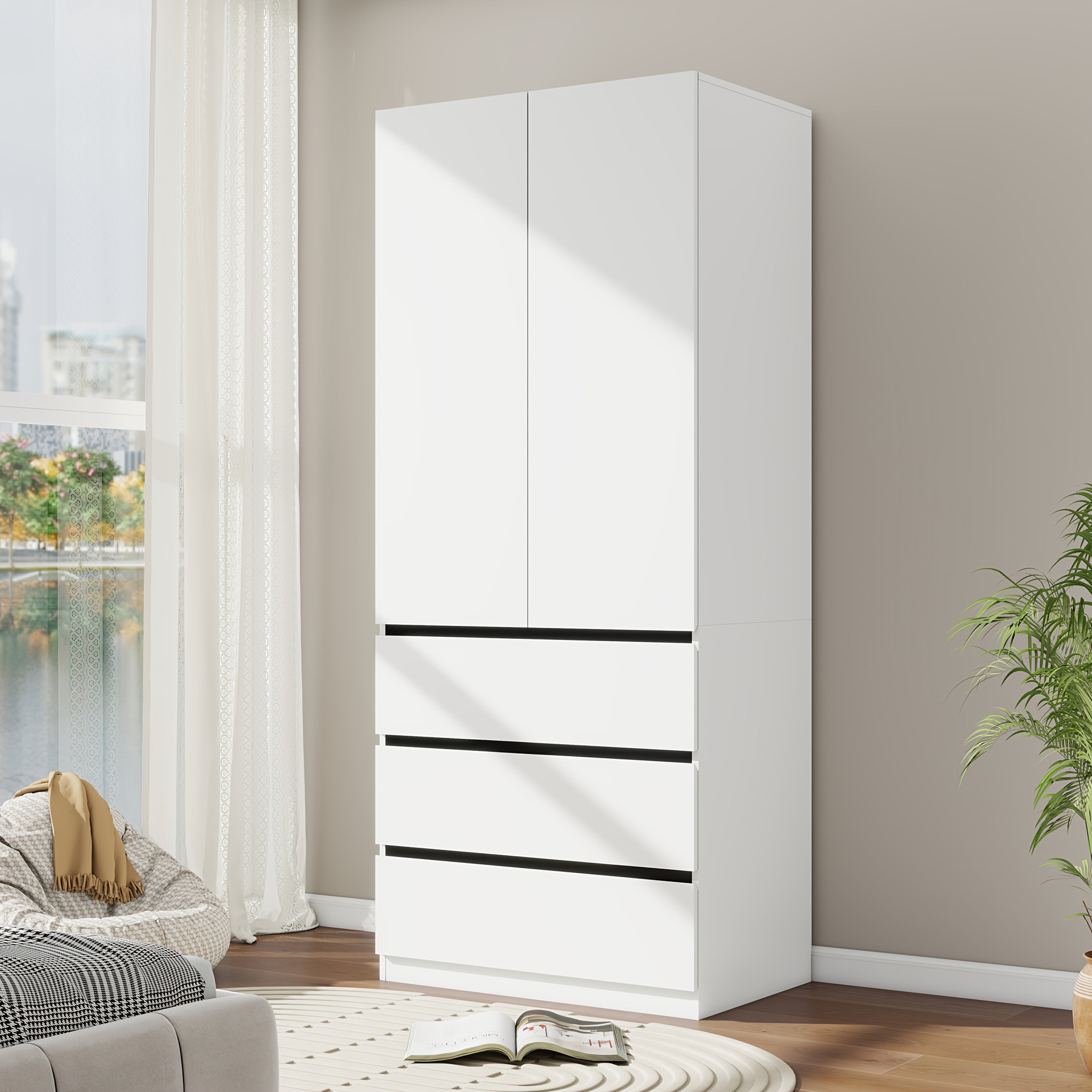 Bedroom Armoire Wardrobe Closet With 3 Drawers, 75" White Wardrobe Closet With 2 Doors, Modern Cabinet For Clothes With Shelves, Wood Closet For Hanging Clothes