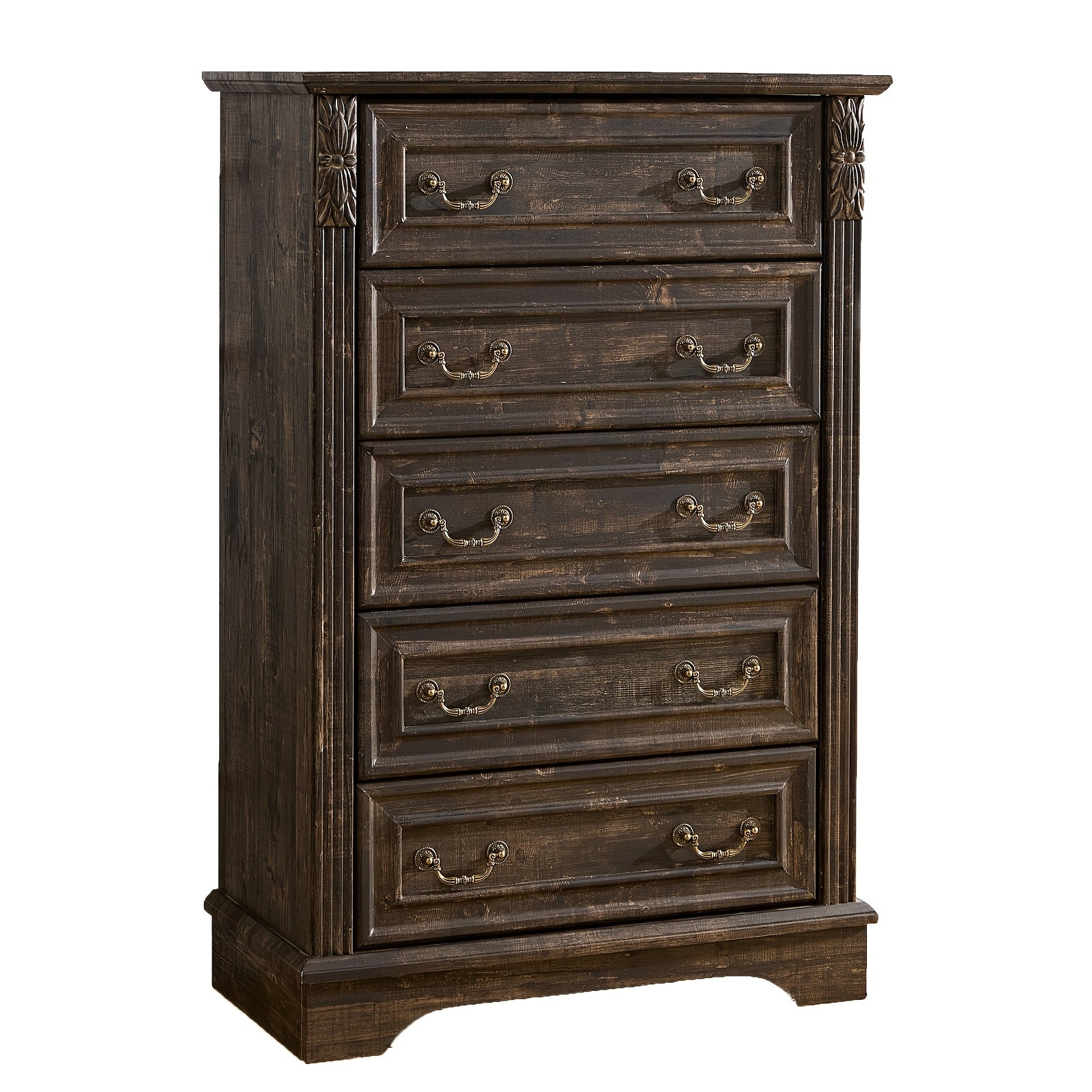 High-Density, Rustic Farmhouse 5-Drawer Dresser - Tall Wooden Chest with Carved Pilasters, Perfect for Bedroom & Hallway Storage, Dark Rustic Oak Finish