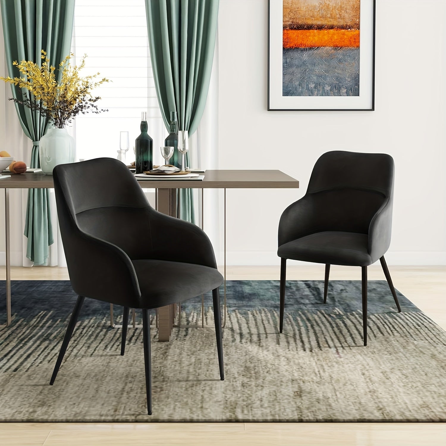 Elegant Velvet Dining Chairs Set Of 2, Modern Arm Accent Chair With Metal Legs For Dining Living Room