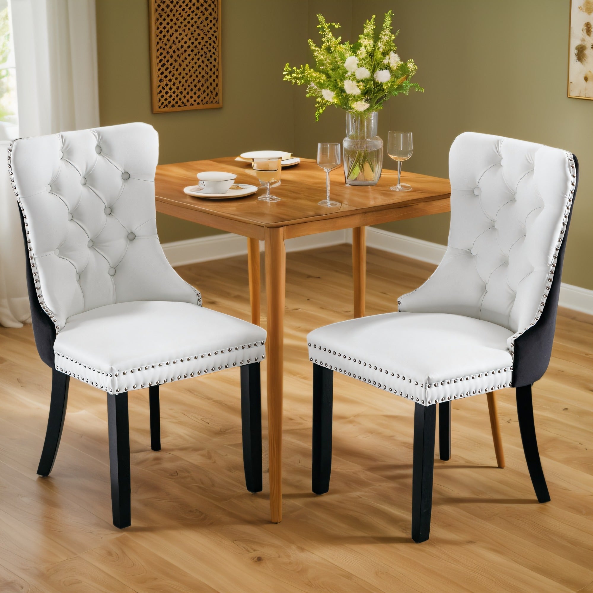 Modern Faux Leather Upholstered Dining Chair 2-Pcs Set, High-end Tufted Solid Wood PU and Velvet Upholstered Dining Chair, Chrome Nailhead Trim, Casual Style, for Kitchen, Dining Room, Living Room (White+Black/ Black+Orange/