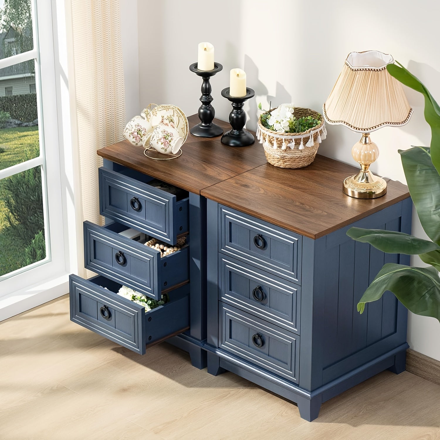 Farmhouse Nightstand, 18 Inch End Table with 3 Drawer Metal Handle, Dresser for Bedroom, Sofa Bed Side Table Chest of Drawers, Wood Night Stand Cabinet for Organizer, Living Room - Blue