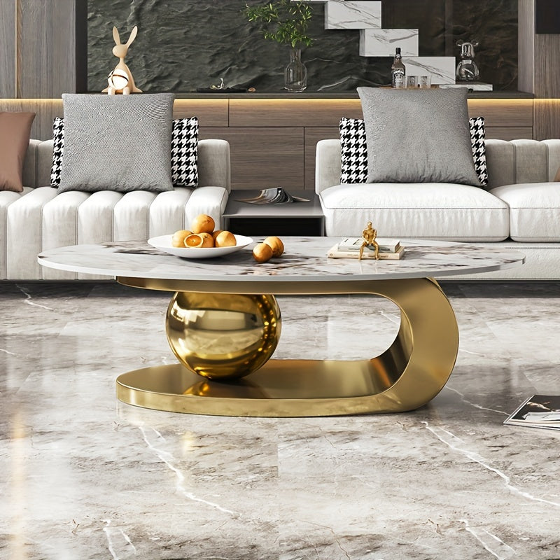 Exquisite Modern Oval Stone Coffee Table With Abstract Gold Gray Metal Base - Perfect Centerpiece For Stylish Living Rooms-Gold Gray 51" Lx27.6 Wx16.5 H.