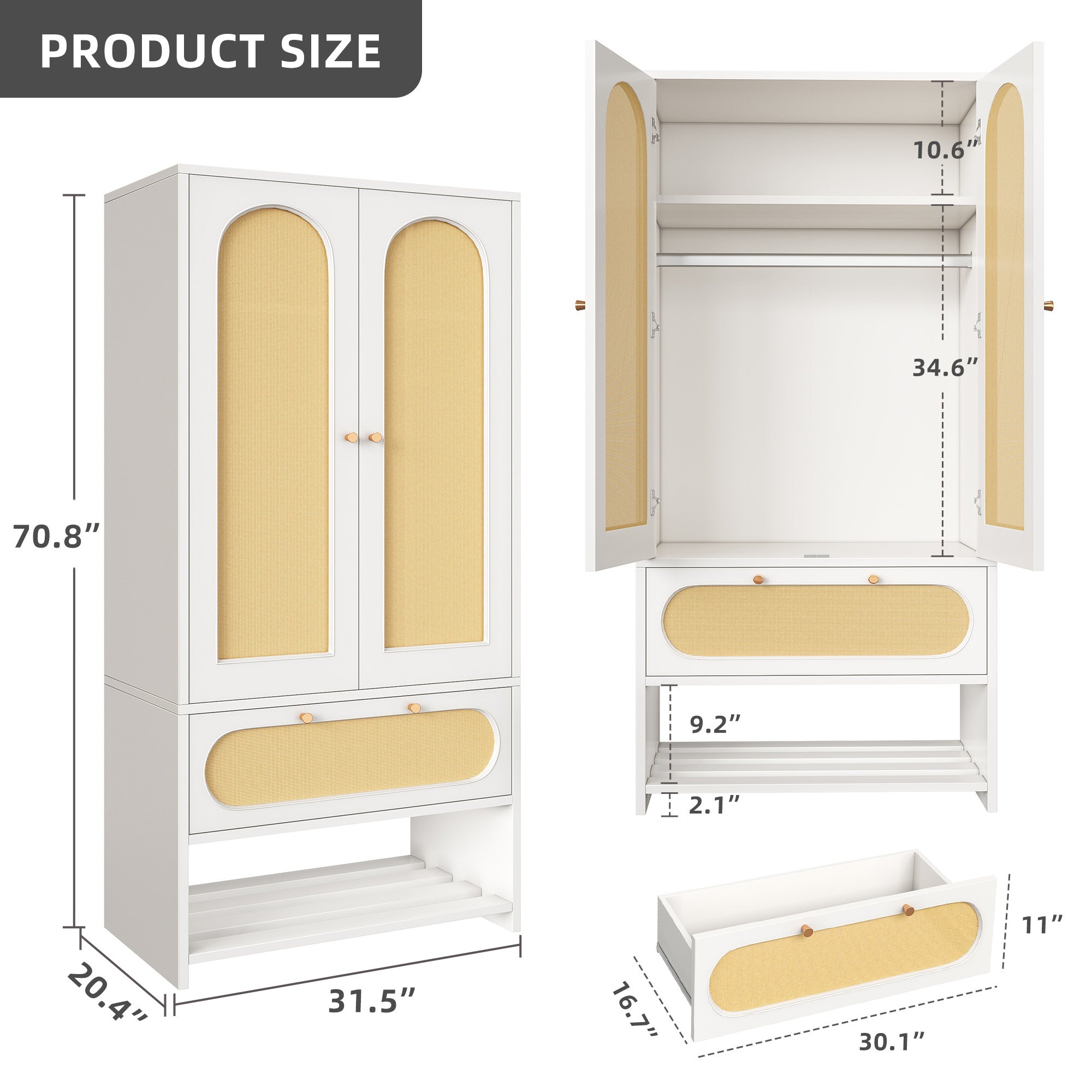 70" Tall Rattan Armoire Closet with Drawers and Hanging Rod Closet Storage Cabinet