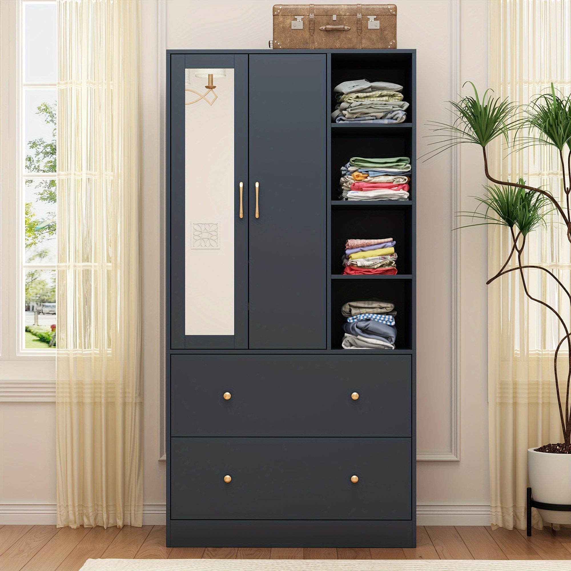 Armoire Wardrobe Closet with Doors and Mirror, Wardrobe with Hanging Rod, Clothes Wardrobe with Drawers and Shelves, Modern Wardrobe Closet