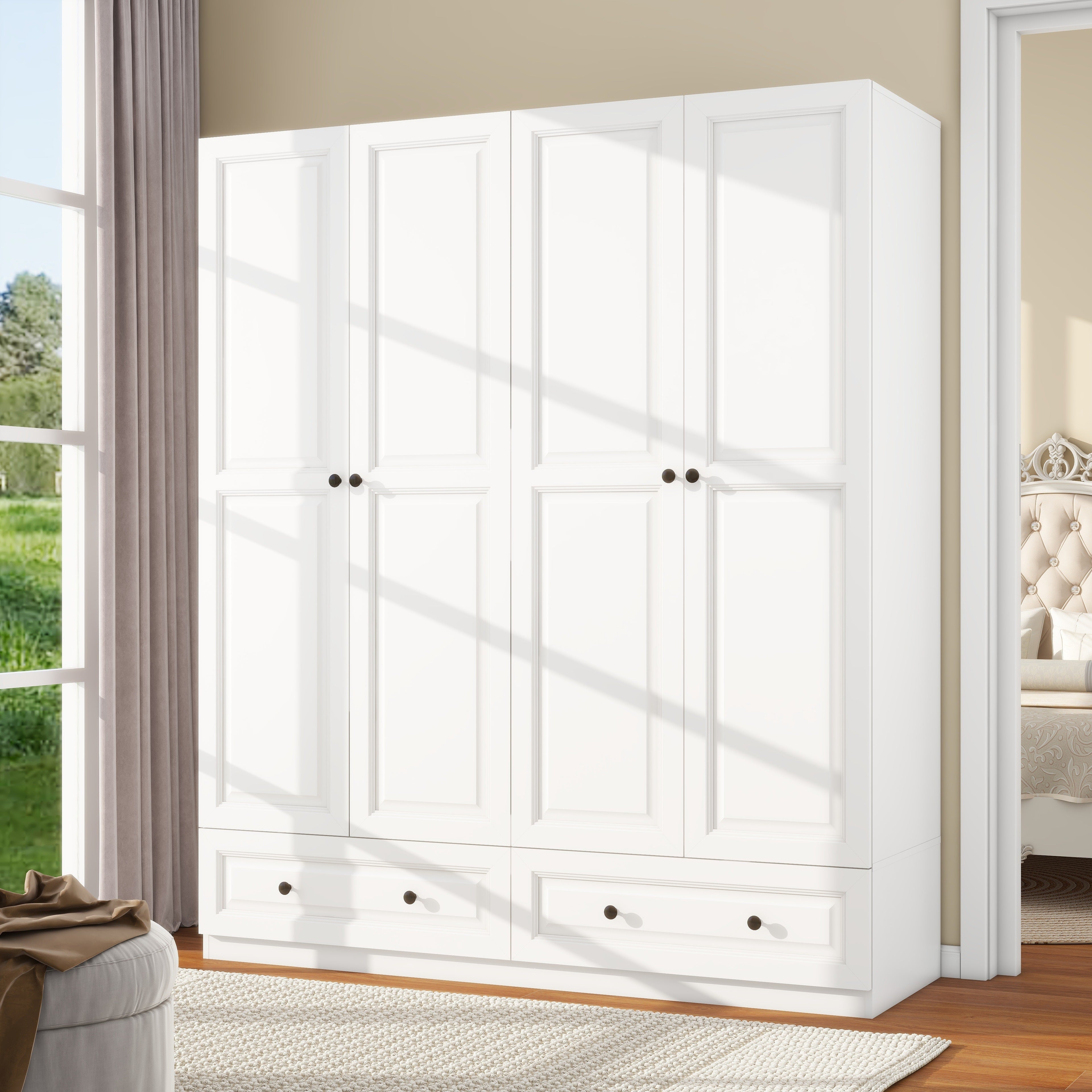 White Armoire Wardrobe Closet With 4 Drawers, 74" Bedroom Wardrobe Closet For Hanging Clothes, Wood Cabinet For Clothes With 4 Doors, Armoire With Shelves