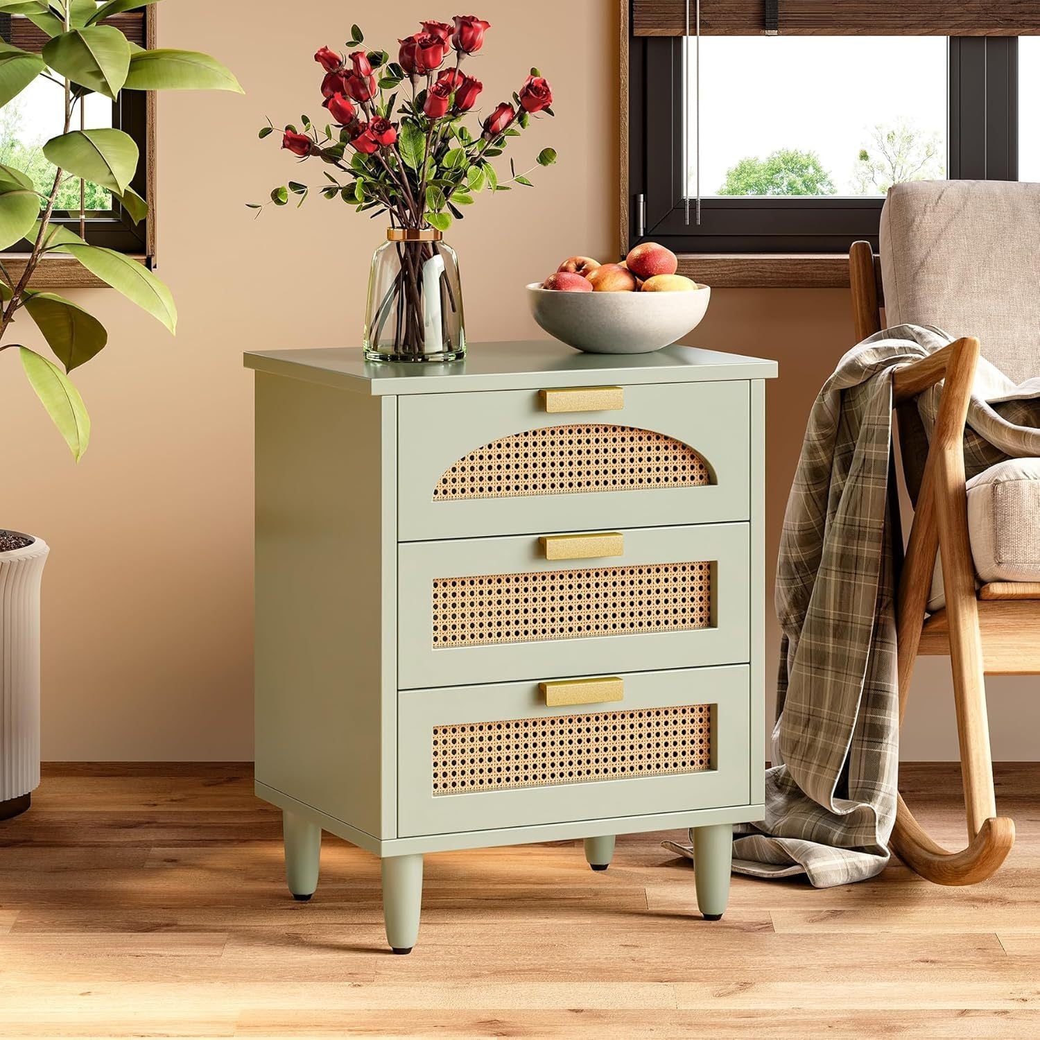 Mint Green Rattan Nightstand with 3 Drawers - Modern Wooden End Table for Living Room and Bedroom Hardwood Storage