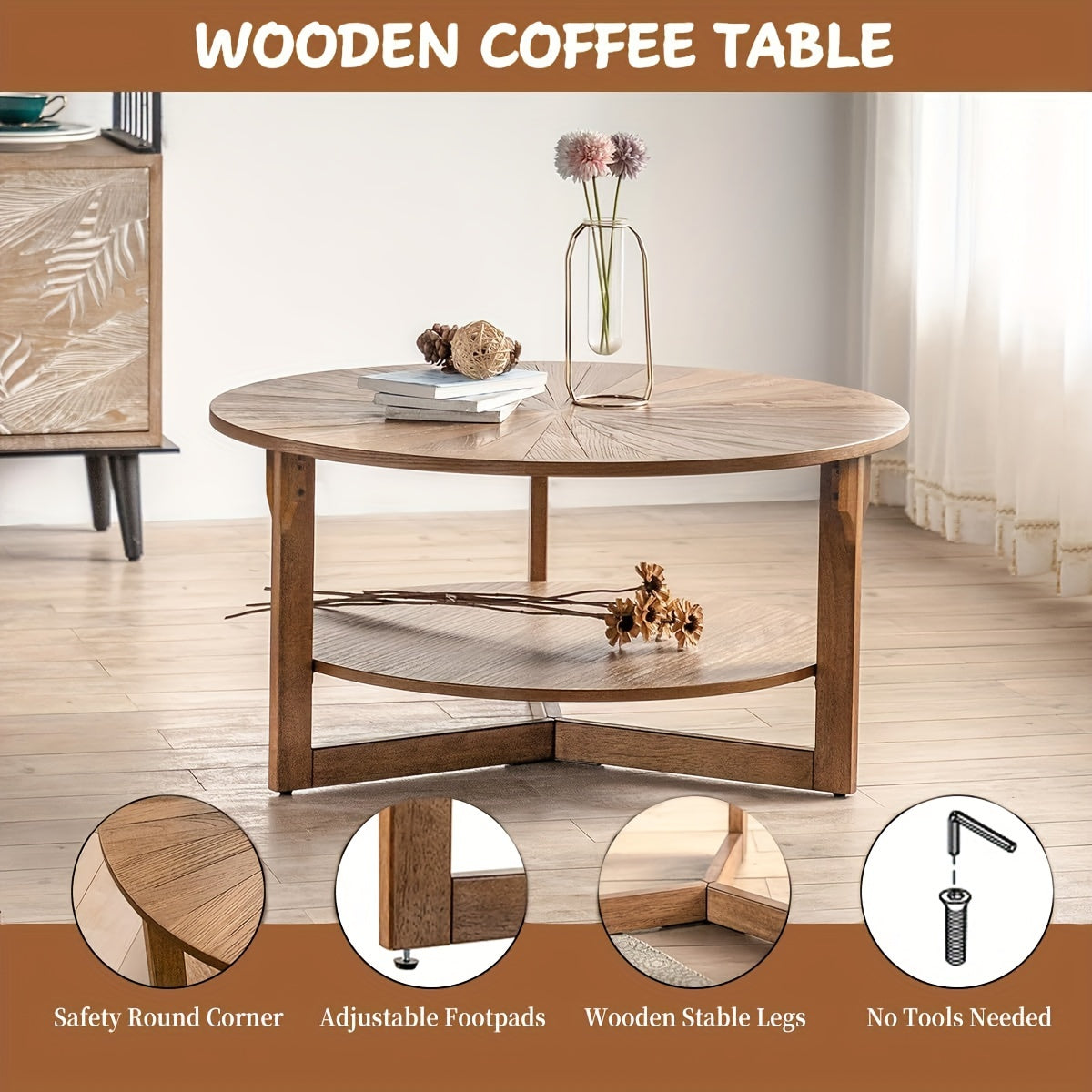 Rustic 2-Tier Round Wooden Coffee Table with Storage - Easy Assembly, Perfect for Living Room & Apartment Decor