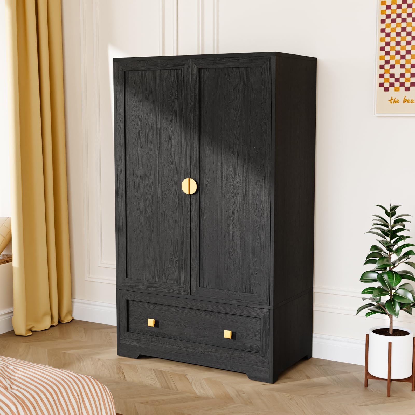 Wide Armoire Wardrobe Closet with Shelves, Hanging Rod and Drawers, Freestanding Closet Wardrobe Cabinet, Armoires and Wardrobes with Doors for Bedroom, Dorm