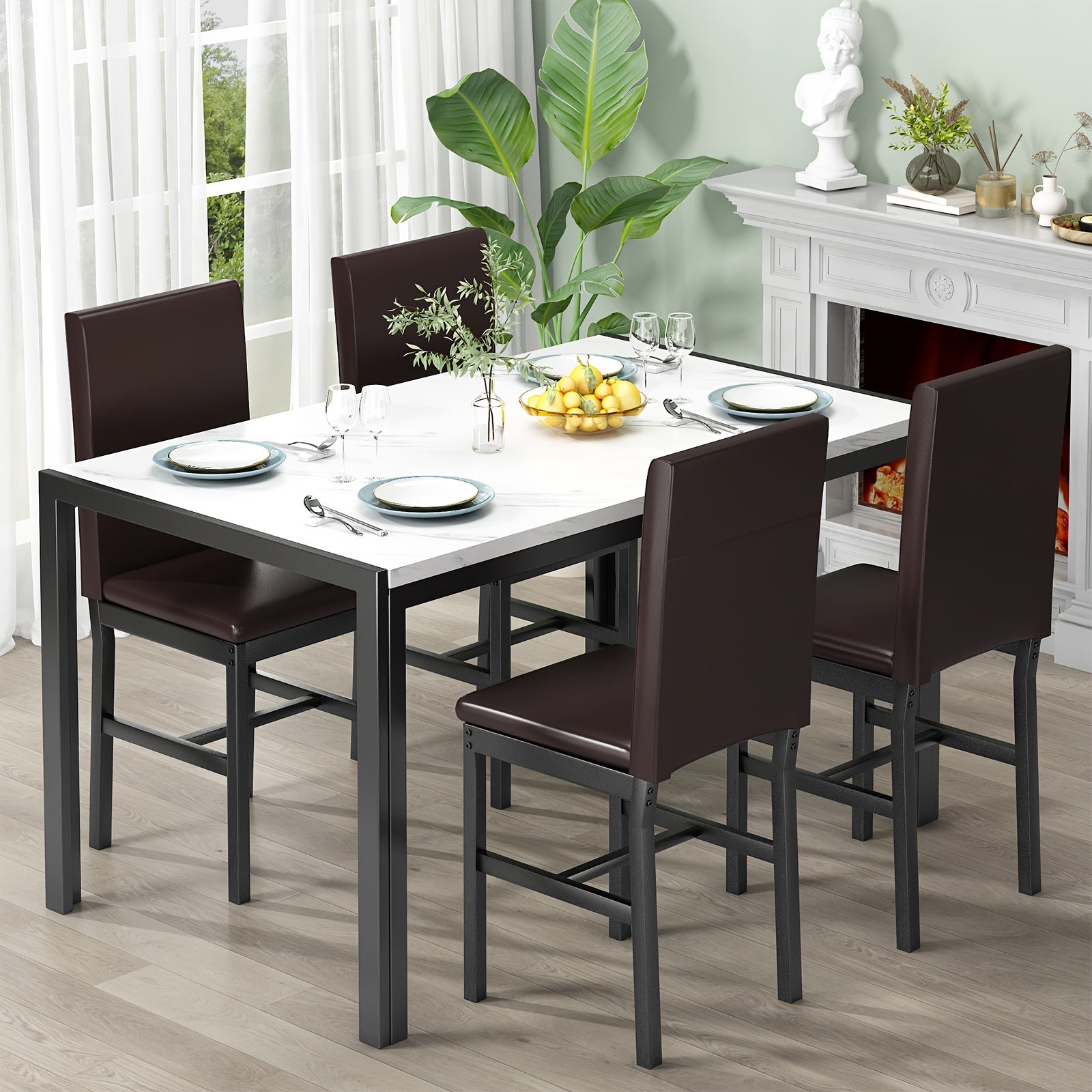 Modern Minimalist Style 5-Piece Dining Room Table Set with Faux Marble Tabletop, 4-Person Counter Height Dining Table Set with PU Leather Upholstered Chairs and Sturdy Metal Frame, Space Saving Design Bar Table Set for Living