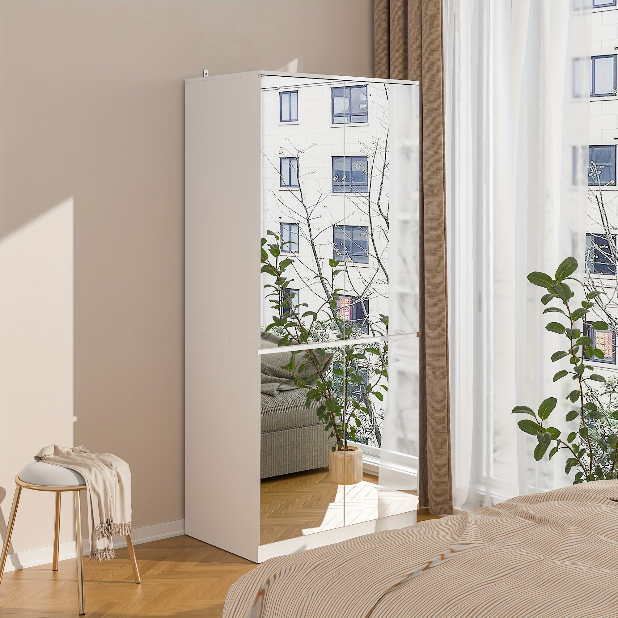 Modern Mirror Wardrobe Armoire, Wardrobe Armoire Closet With 4 Glass Full Length Mirror Doors And Hanging Rod, Clothes Storage Cabinet For Bedroom, White