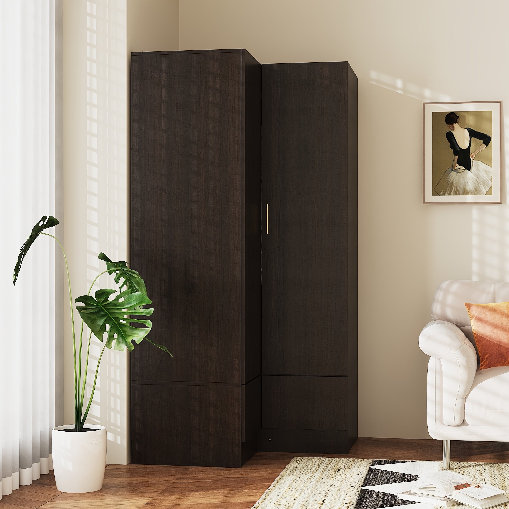 Modern Corner Wardrobe Armoire Closet with 2 Drawers And 2 Hanging Rods, Storage Cabinet for Bedroom, Maximize Your Space with The Versatile Two-Doors, Two-Drawers Corner Wardrobe, Deep Brown