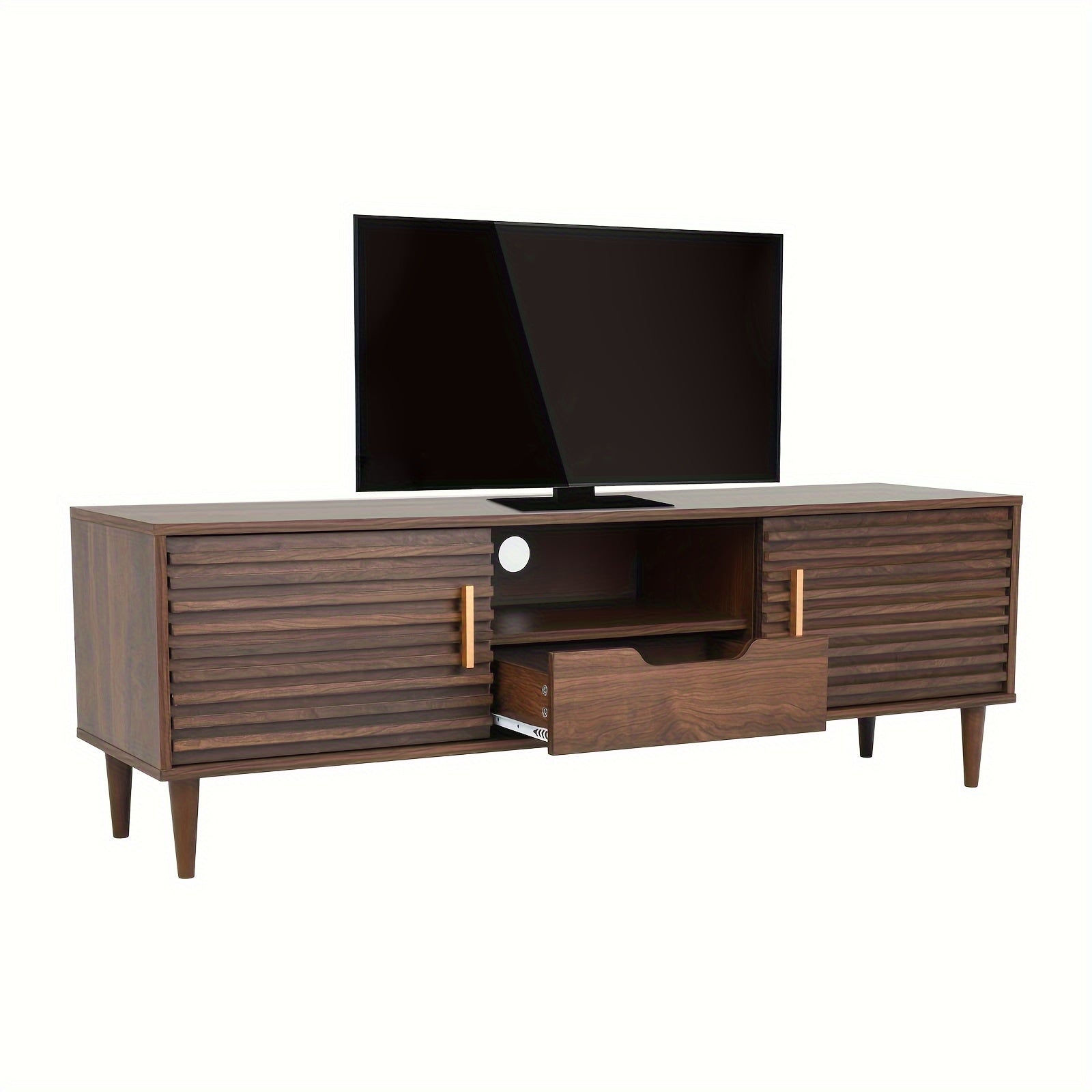 Media entertainment center with clean lines, rustic brown, and a spacious tabletop for TVs up to 65", combining modern and vintage style is a little piece of art at home. You can match this Mid-century TV stand with nightstan