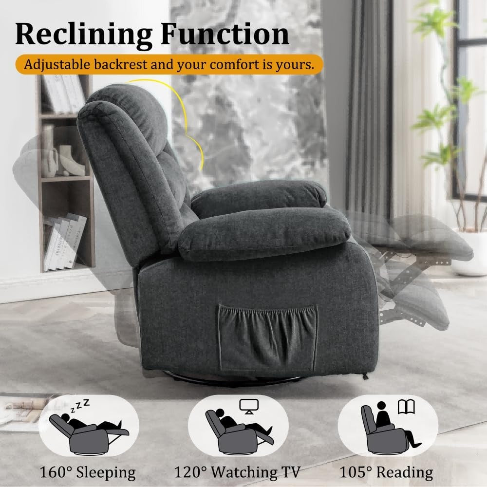 Plush Grey Recliner Chair with Massage & Heat - 360° Swivel, Wide Rocker, Oversized Fleece Sofa for Adults, Solid Back, Easy Clean - Ideal for Living Room Comfort, Reclining Chair