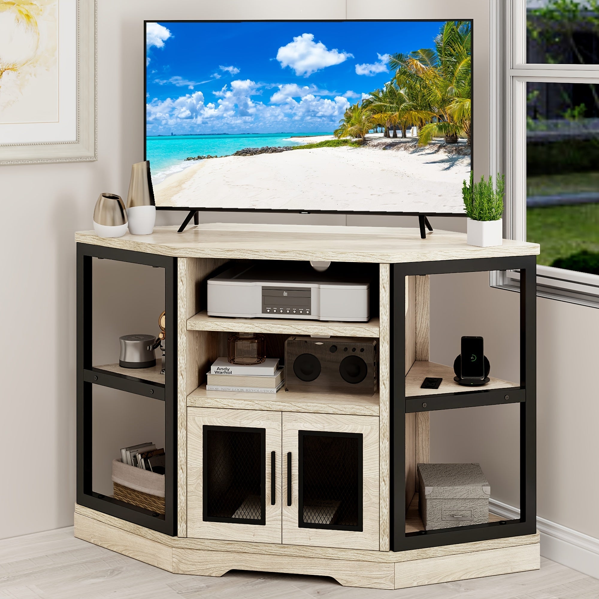 Rustic Corner Entertainment Center TV Stand with Power Outlets and Storage, Thanksgiving Christmas Halloween Day Gift