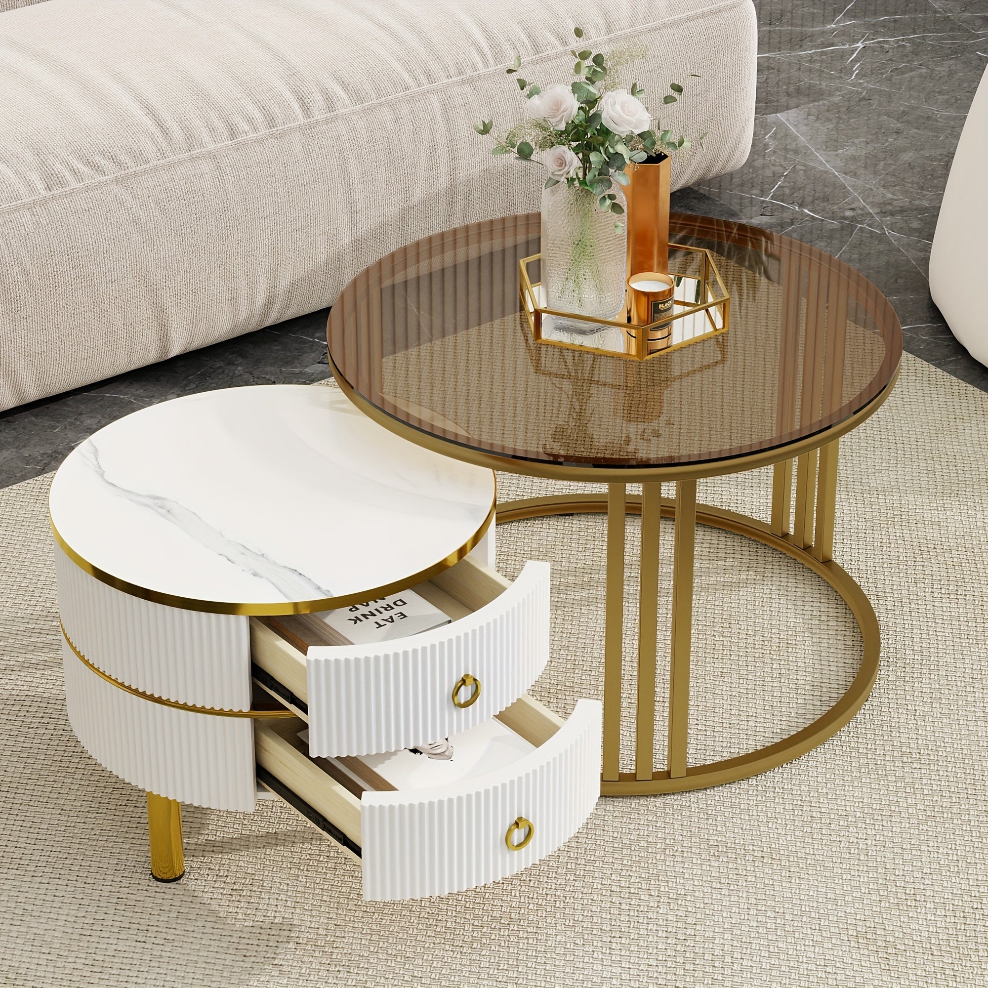 2-Piece Stackable Coffee Table With 2 Drawer Set With Brown Tempered Glass And High-Gloss Marble Top, 2-Piece Living Room Round Center Table, Patio Table, White, Gold, Black, Modern, Pop Storage