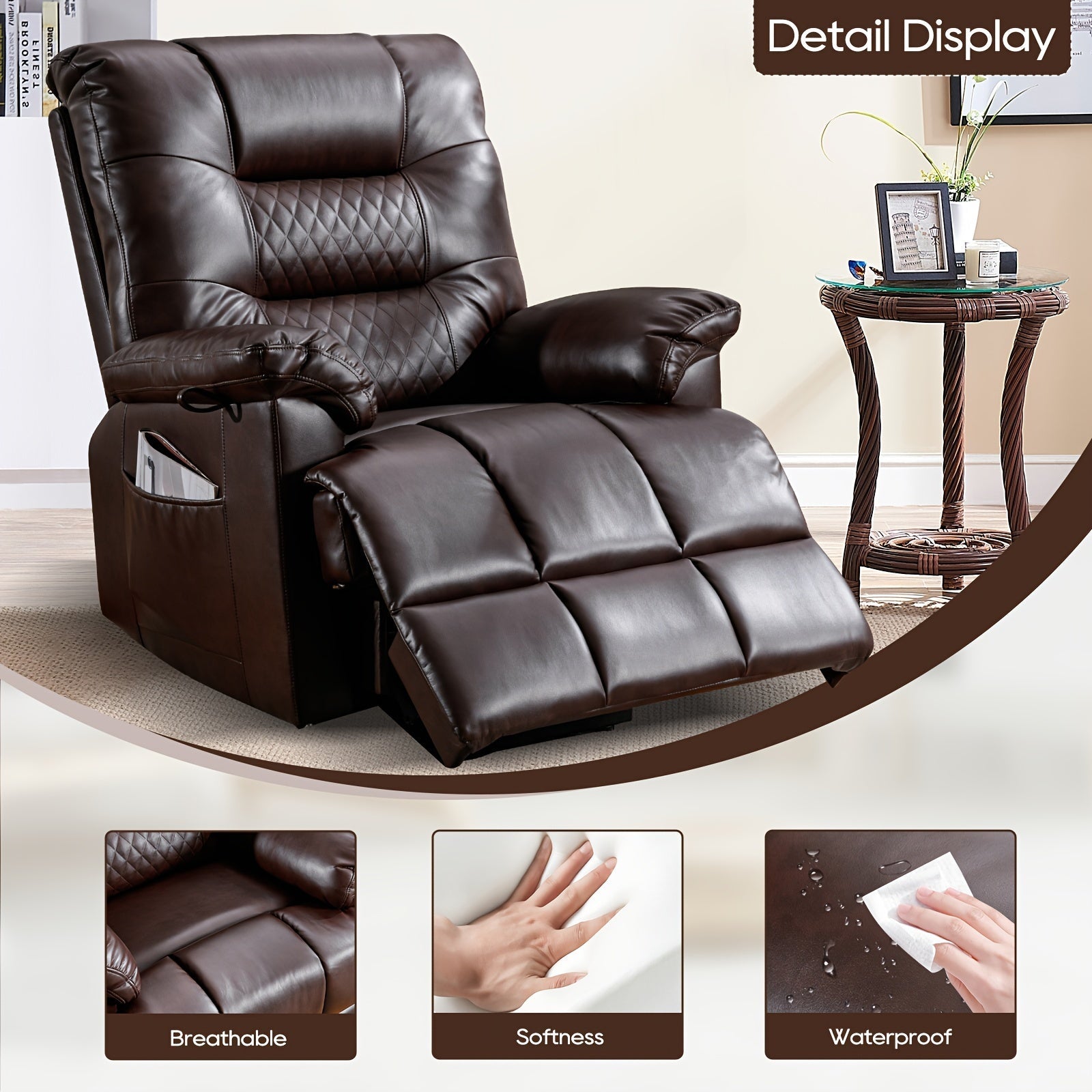 Consofa PU Recliner With Vibration Massage & Heat Function, Heavy Duty Recliner With Infinite Position, Remote Control, 3 Positions (Brown)