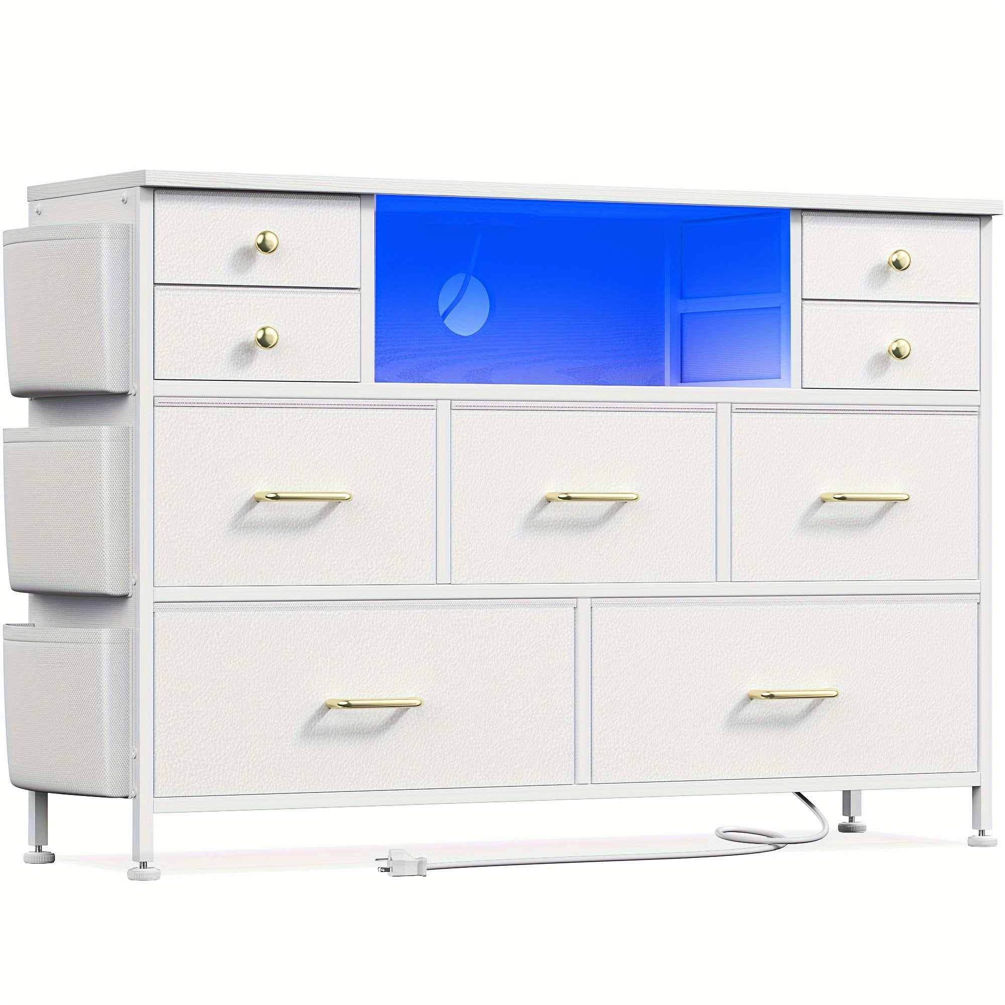 9-Drawer Dresser with Charging Station and LED Lights, Sleek Dresser Accommodating 55" TV, TV Stand Dresser with 3 Practical Side Pockets for Bedroom, Drawer Dresser Organizer Modern Wood Dresser for Bedroom Living Room Hallw