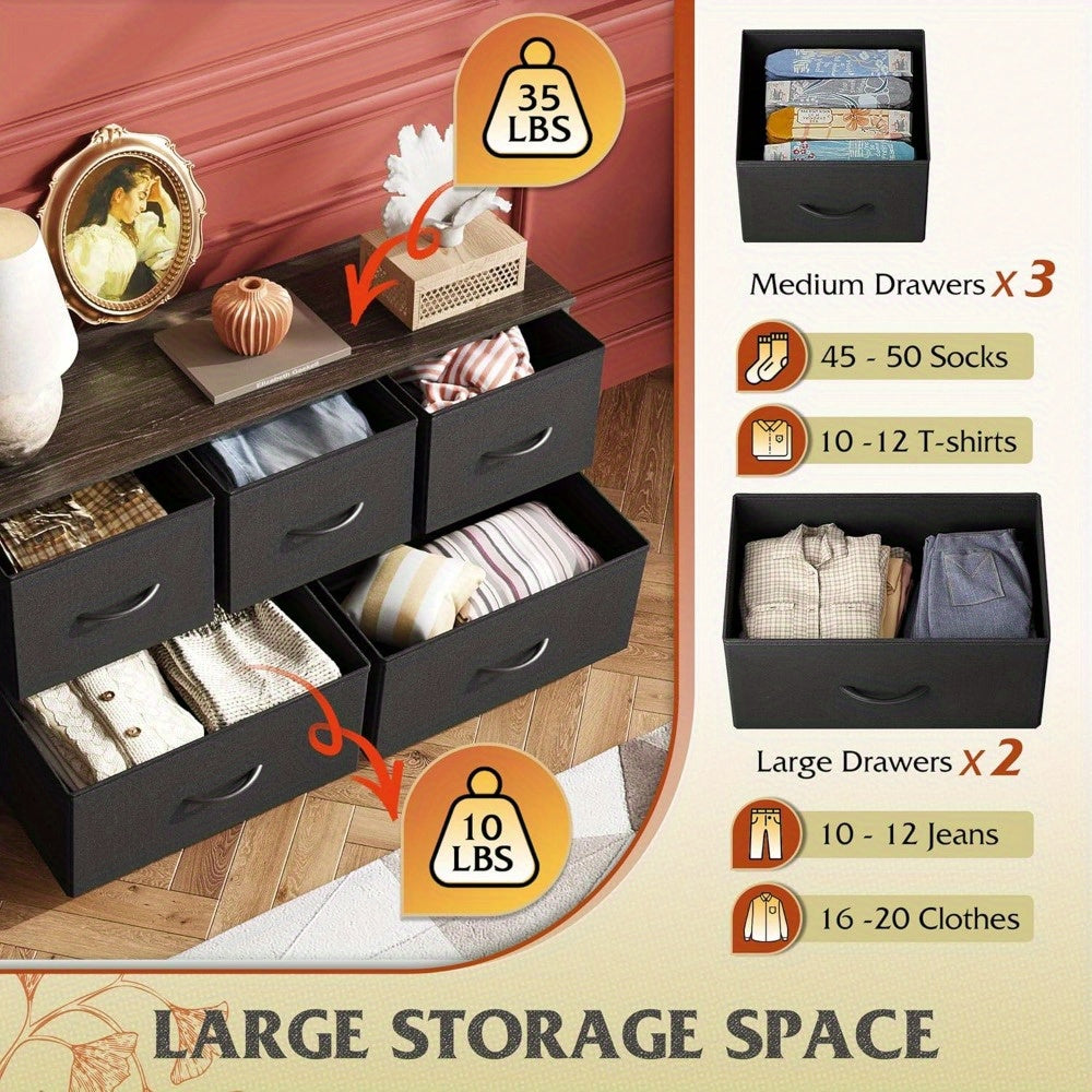 Dresser for Bedroom with 5 Drawers, Wide Chest of Drawers, Fabric Dresser, Storage Organizer Unit with Fabric Bins for Closet, Living Room, Hallway